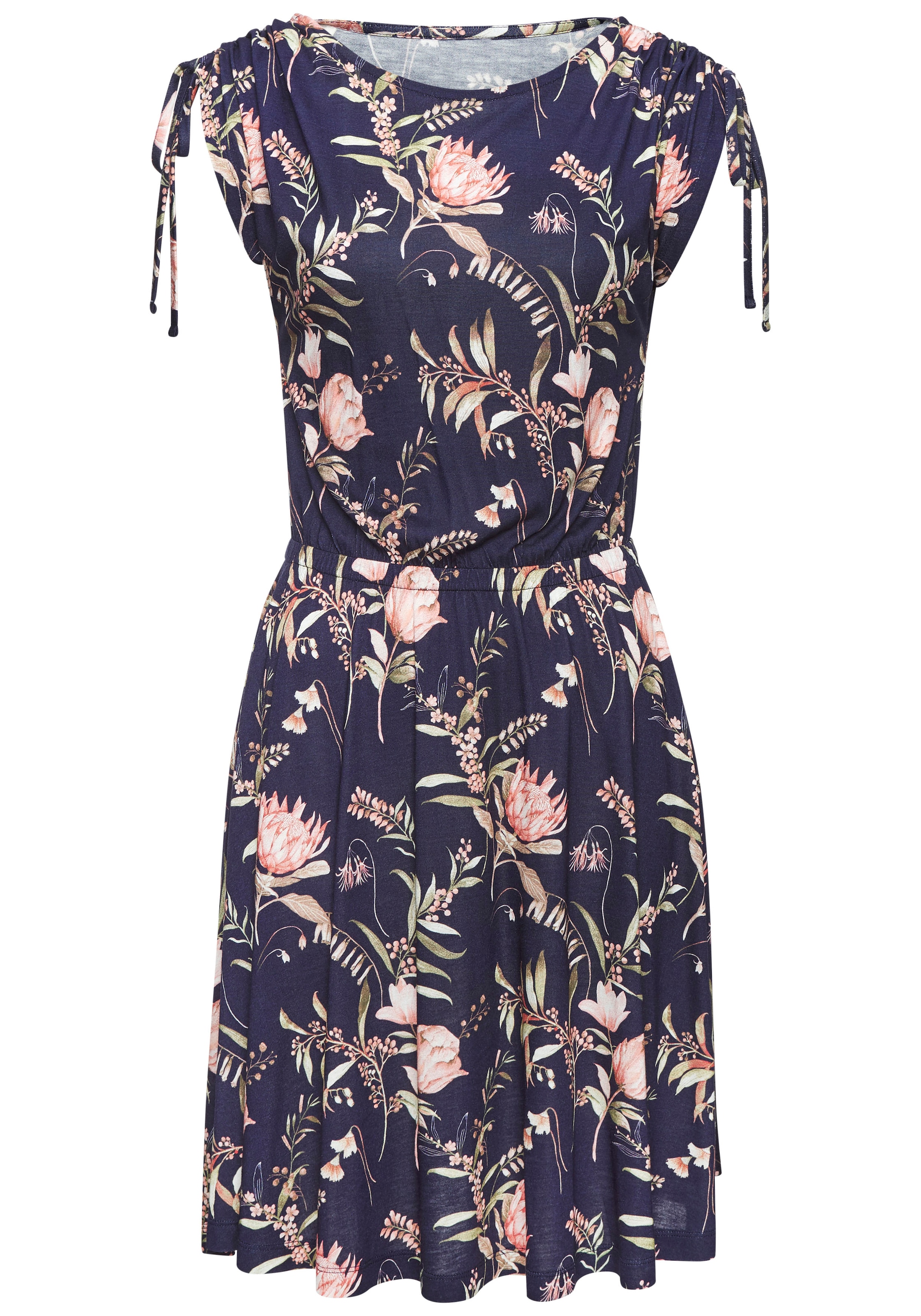 Vivance Jerseykleid »mit Blumenprint und Raffungen auf den Schultern« Ohne Taschen lockeres Sommerkleid, Strandkleid, Druckkleid, Viskosekleid