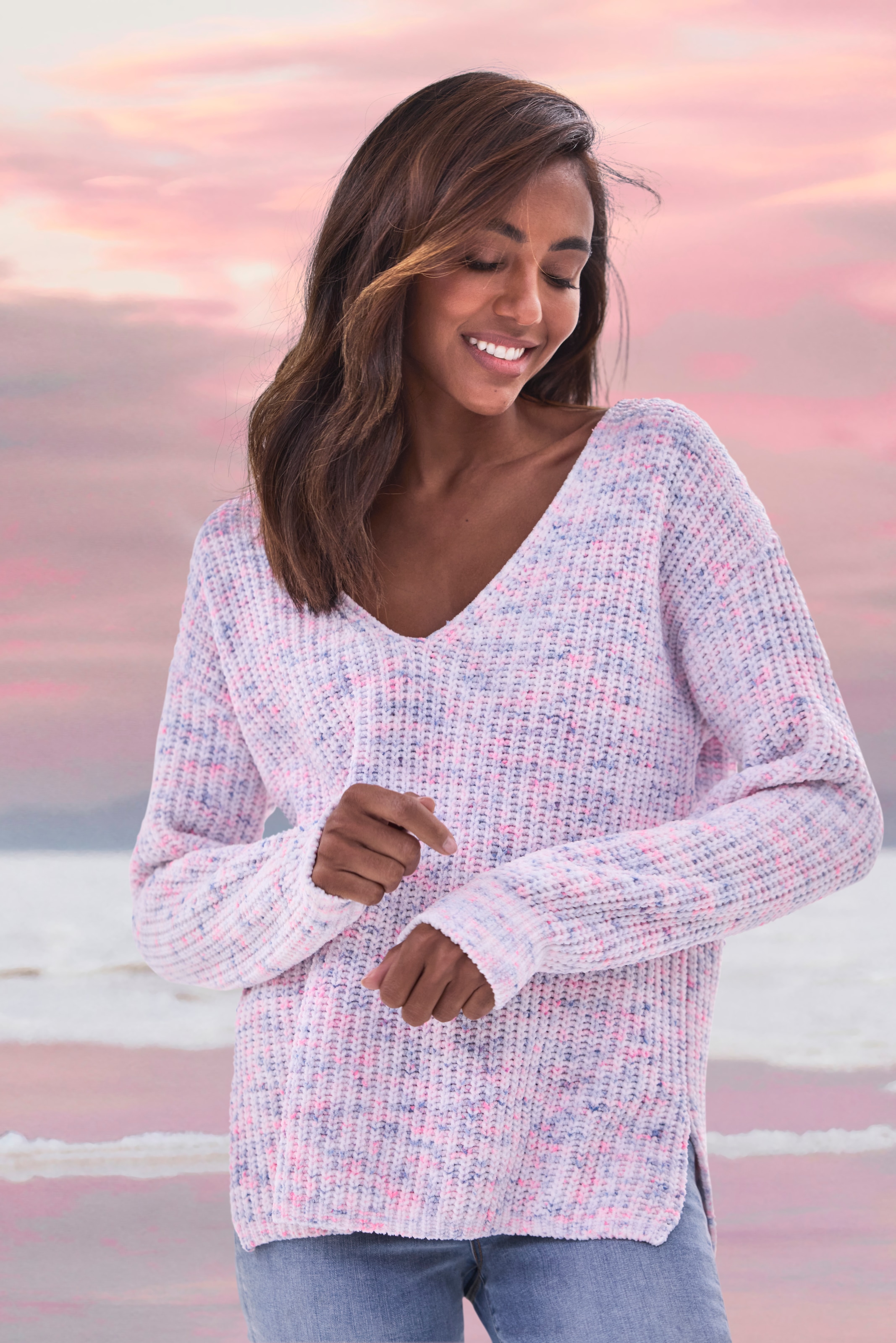 Buffalo V-Ausschnitt-Pullover , aus weichem Chenille, Strickpullover, kuschelig weich
