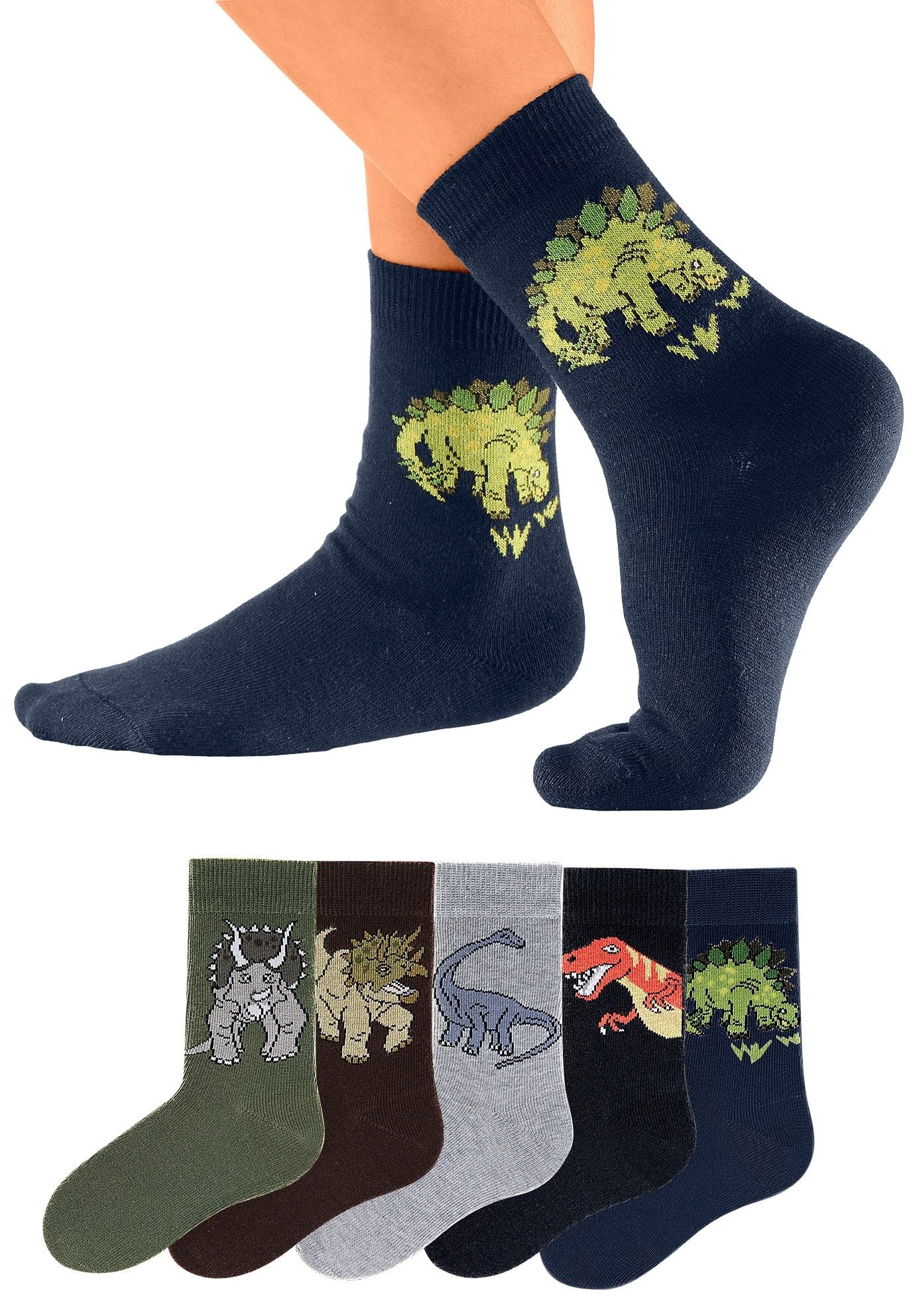 H.I.S Socken »Kindersocken Jugendliche Motivsocken« Packung, 5 Paar tlg. mit Dinosauriermotiven