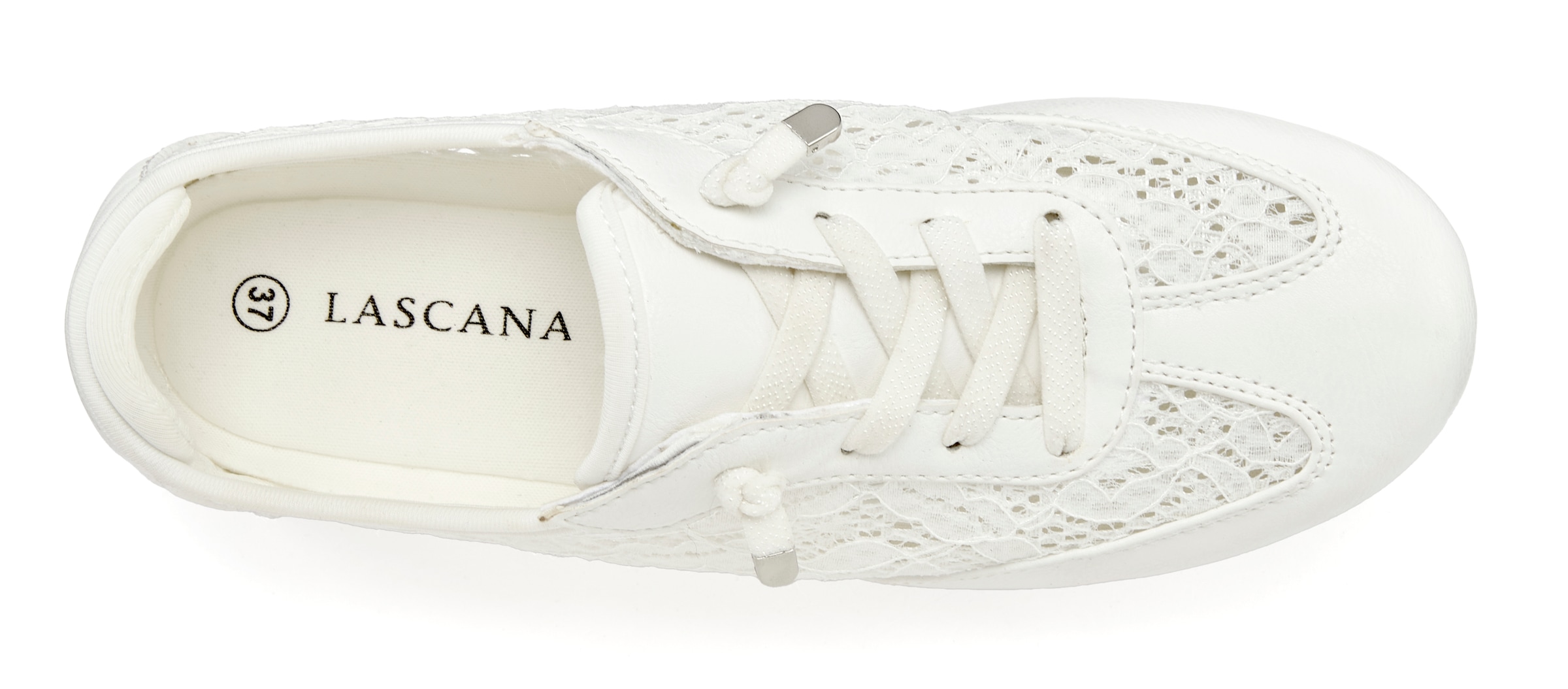 LASCANA Sneaker »Freizeitschuh, Halbschuh mit modischen Spitzendetails«, zum Reinschlüpfen mit elastischen Schnürbändern VEGAN