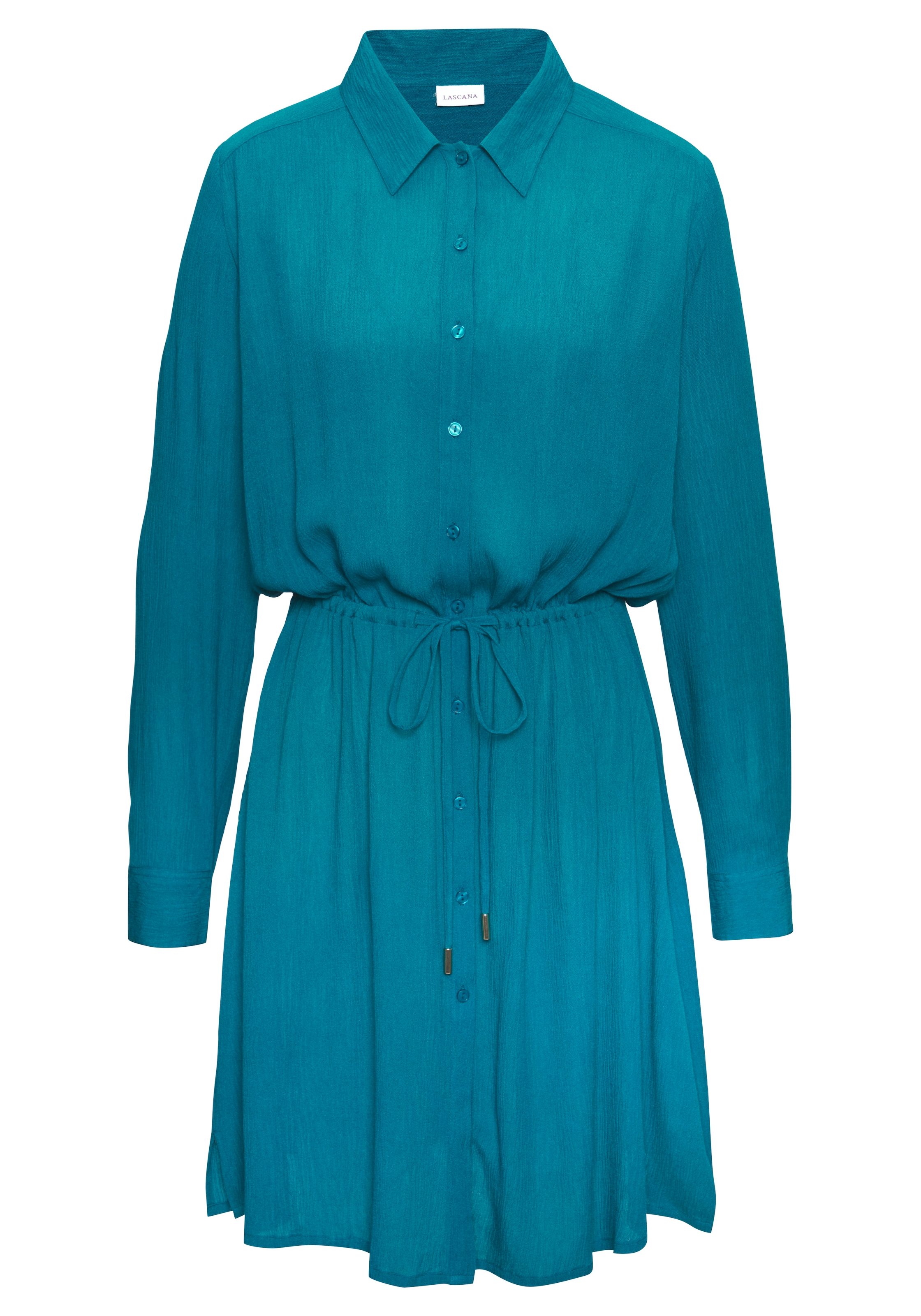LASCANA Strandkleid »in leichter Crepe-Qualität mit variablem Tunnelzug in der Taille« Ohne Taschen kurzes Hemdblusenkleid, Sommerkleid, Longbluse mit langen Ärmeln
