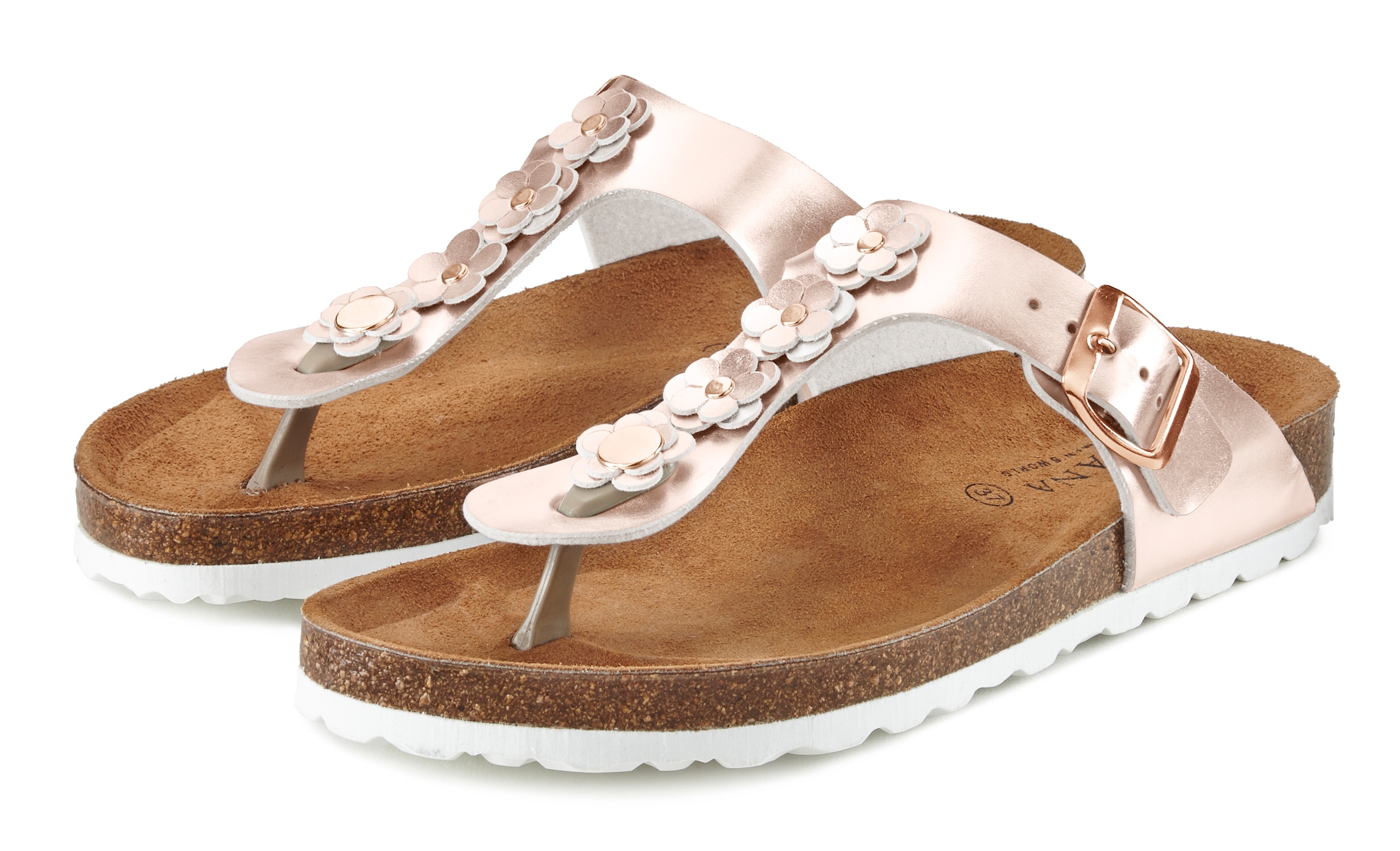 LASCANA Zehentrenner »Sandale, Pantolette, offener Schuh, Sommerschuh,«, mit modischer Applikation und Komfortkorkfußbett aus Leder