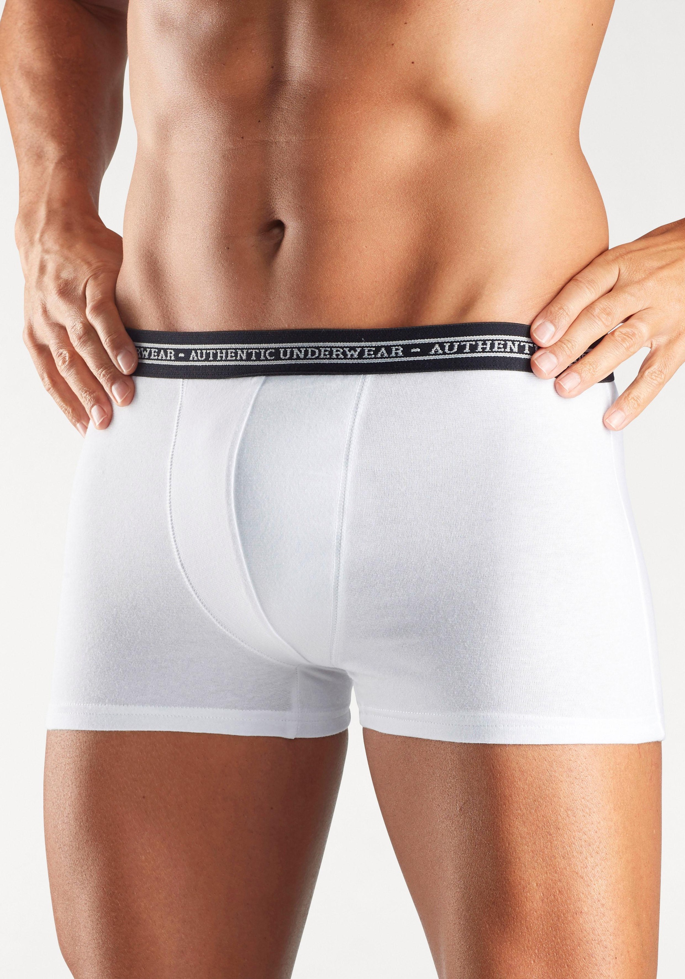 AUTHENTIC UNDERWEAR Boxer »Boxershorts für Herren«, (Packung, 4 St.), schwarzer Webbund mit Logoschriftzug
