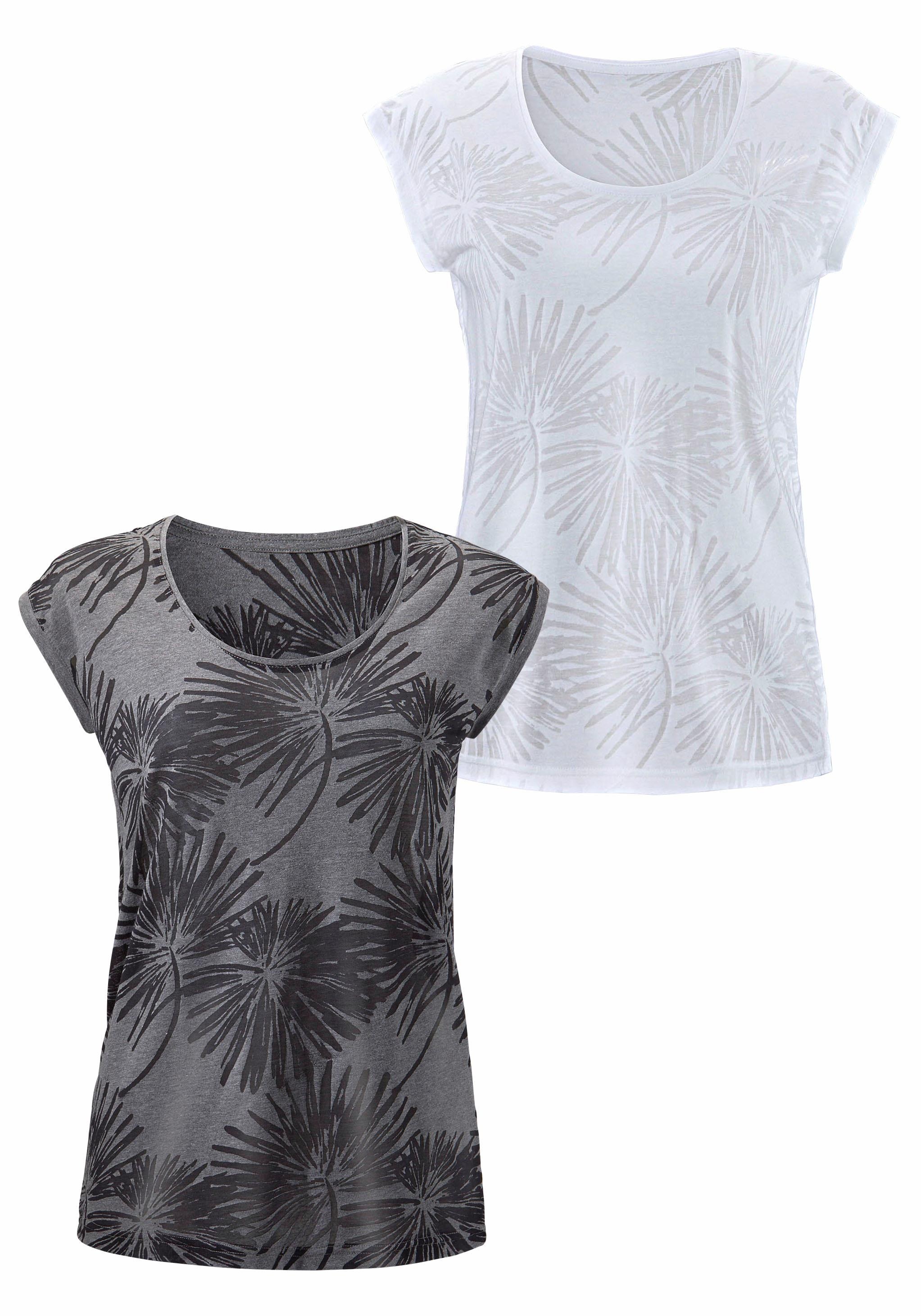 Beachtime Kurzarmshirt »mit leicht transparenten Palmen«, (2er-Pack), aus weicher Ausbrenner-Qualität