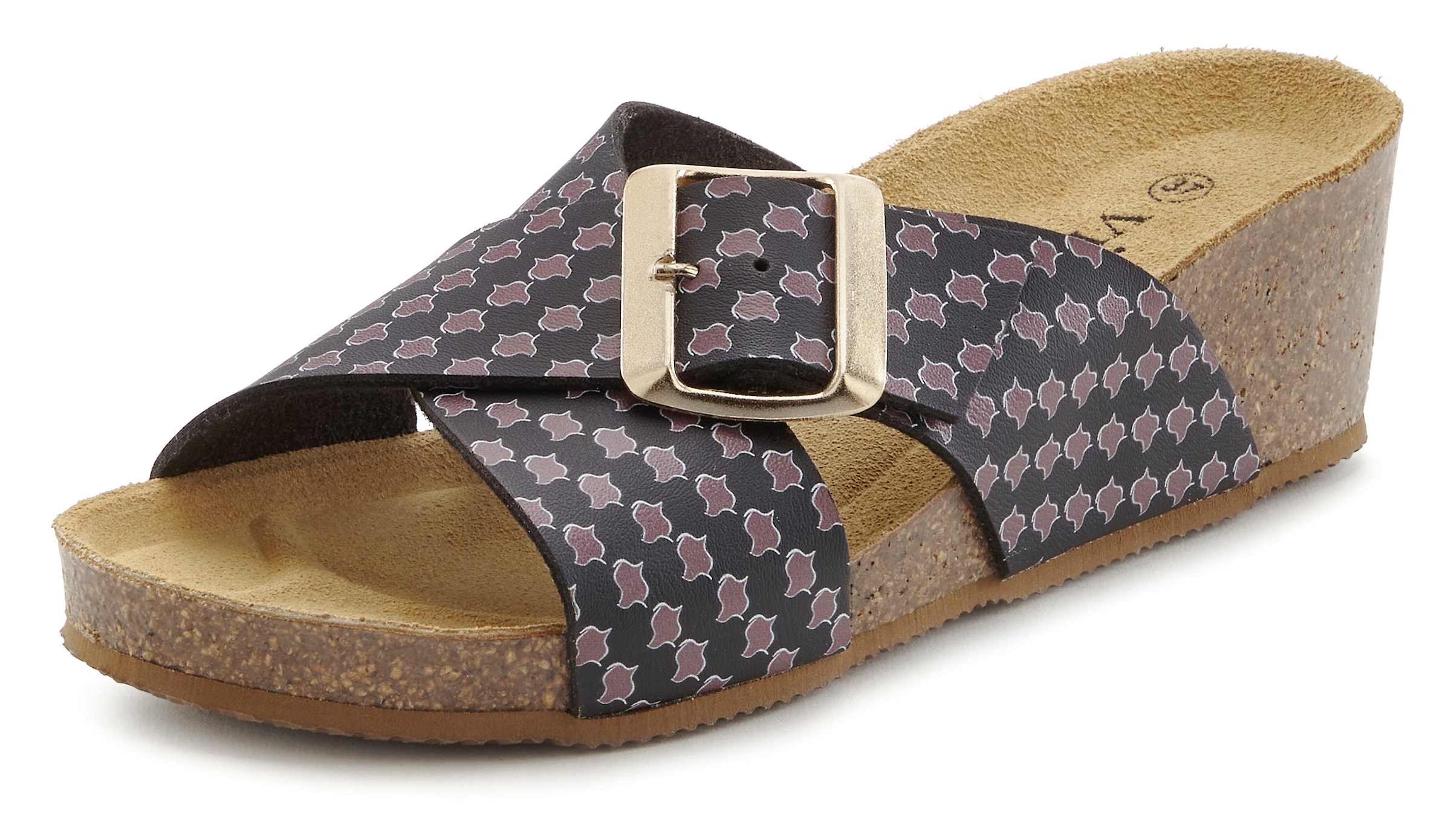 Vivance Pantolette »Sandale, Mule, offener Schuh«, mit Komfortkorkfußbett aus Leder, Keilabsatz und Print