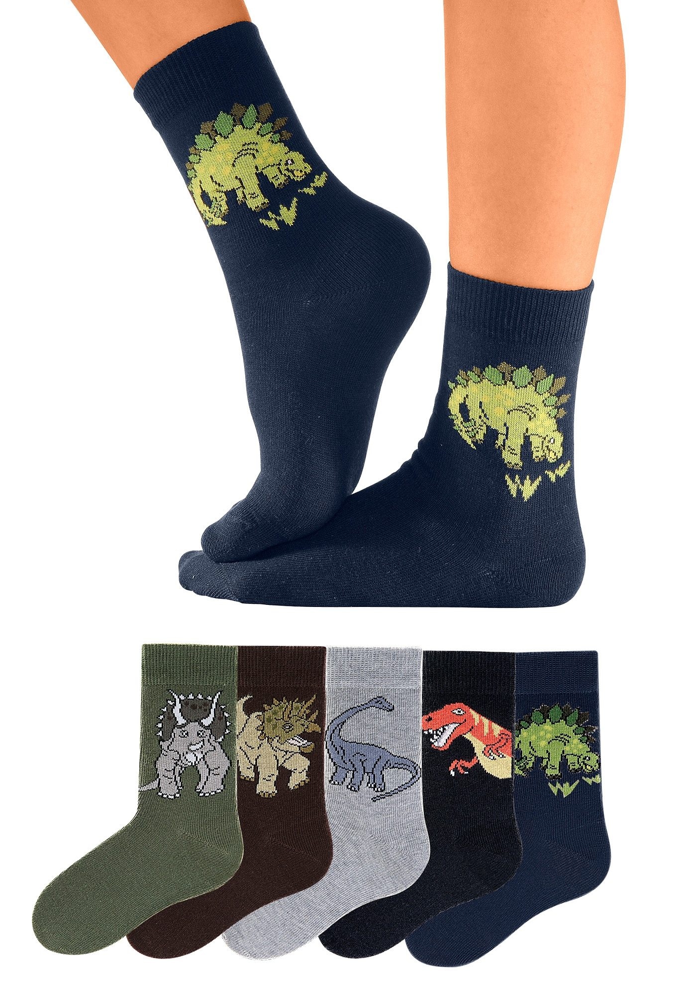 H.I.S Socken »Kindersocken Jugendliche Motivsocken« Packung, 5 Paar tlg. mit Dinosauriermotiven