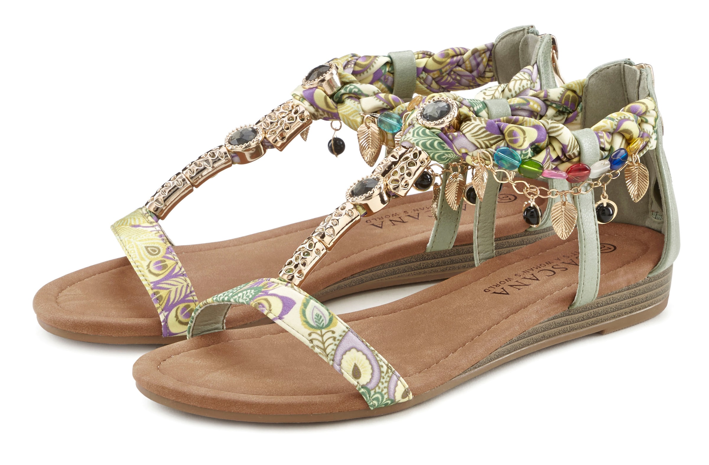 LASCANA Sandale »Sommerschuh, Sandalette,«, mit Schmuckkettchen und Schmucksteinen im Festival-Look VEGAN