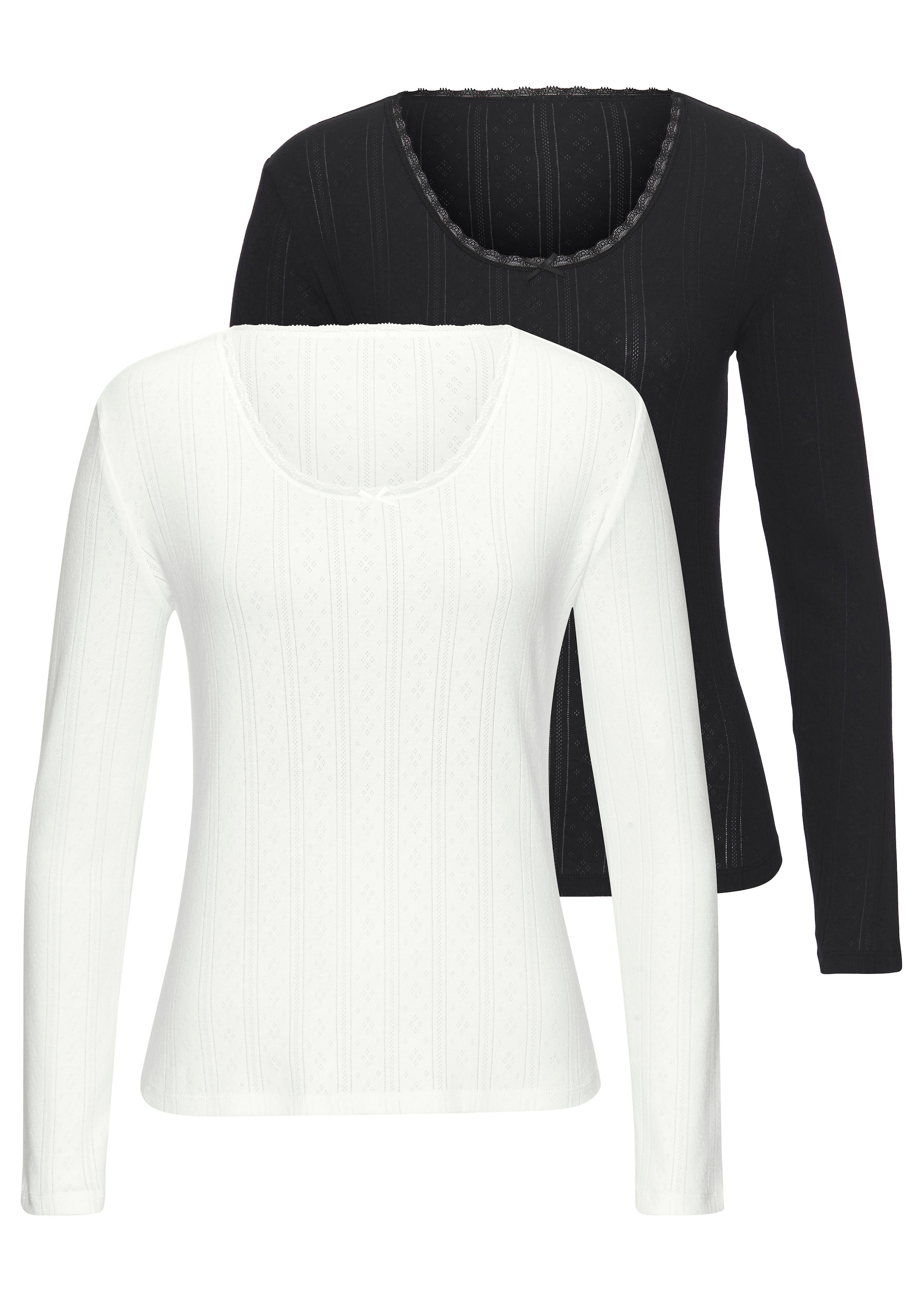 Vivance Langarmshirt 2er-Pack,  aus feiner Pointelle-Ware mit Spitze, reine Baumwolle