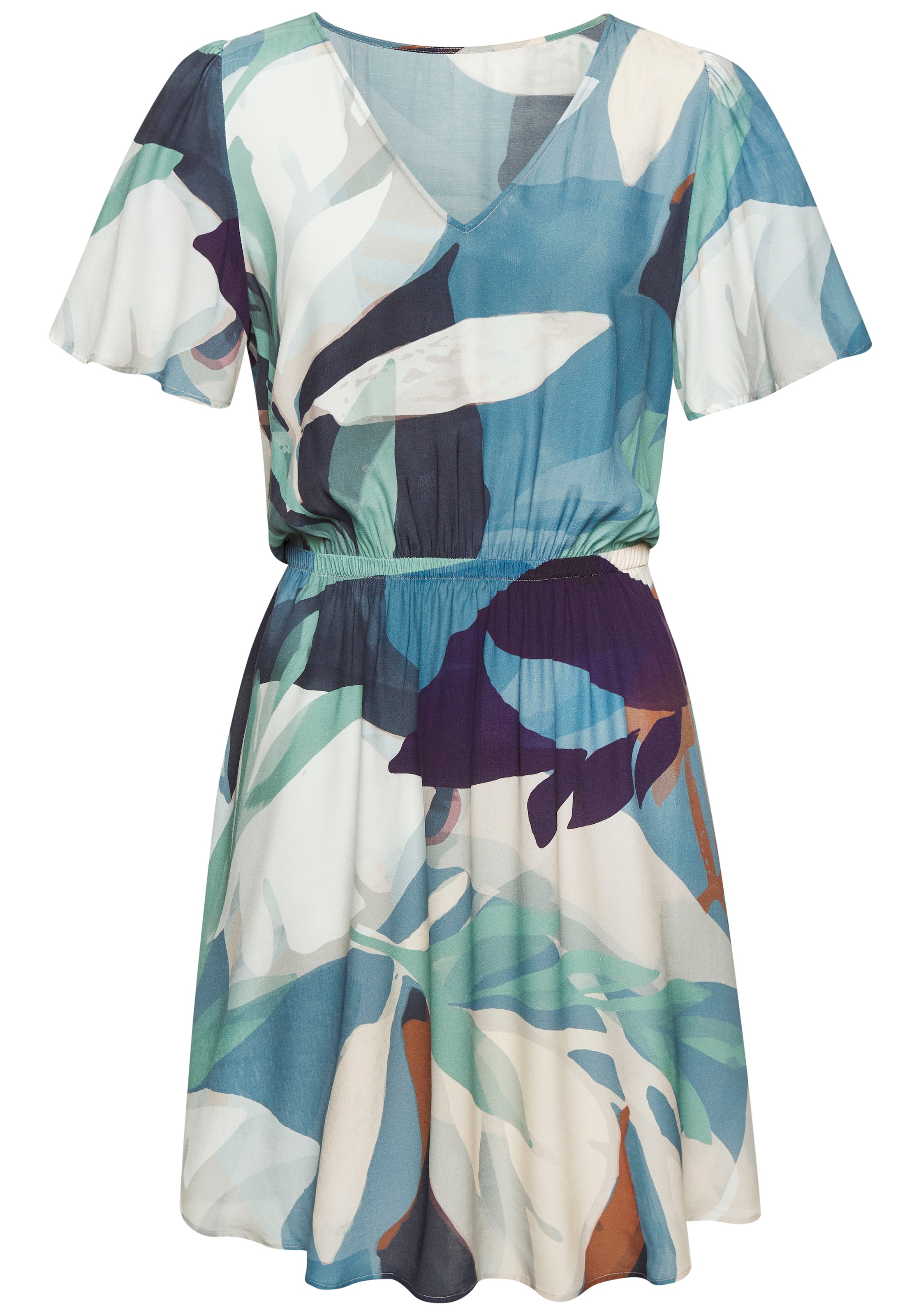 LASCANA Sommerkleid, mit luftigen Flügelärmeln, kurzes Strandkleid mit Alloverprint