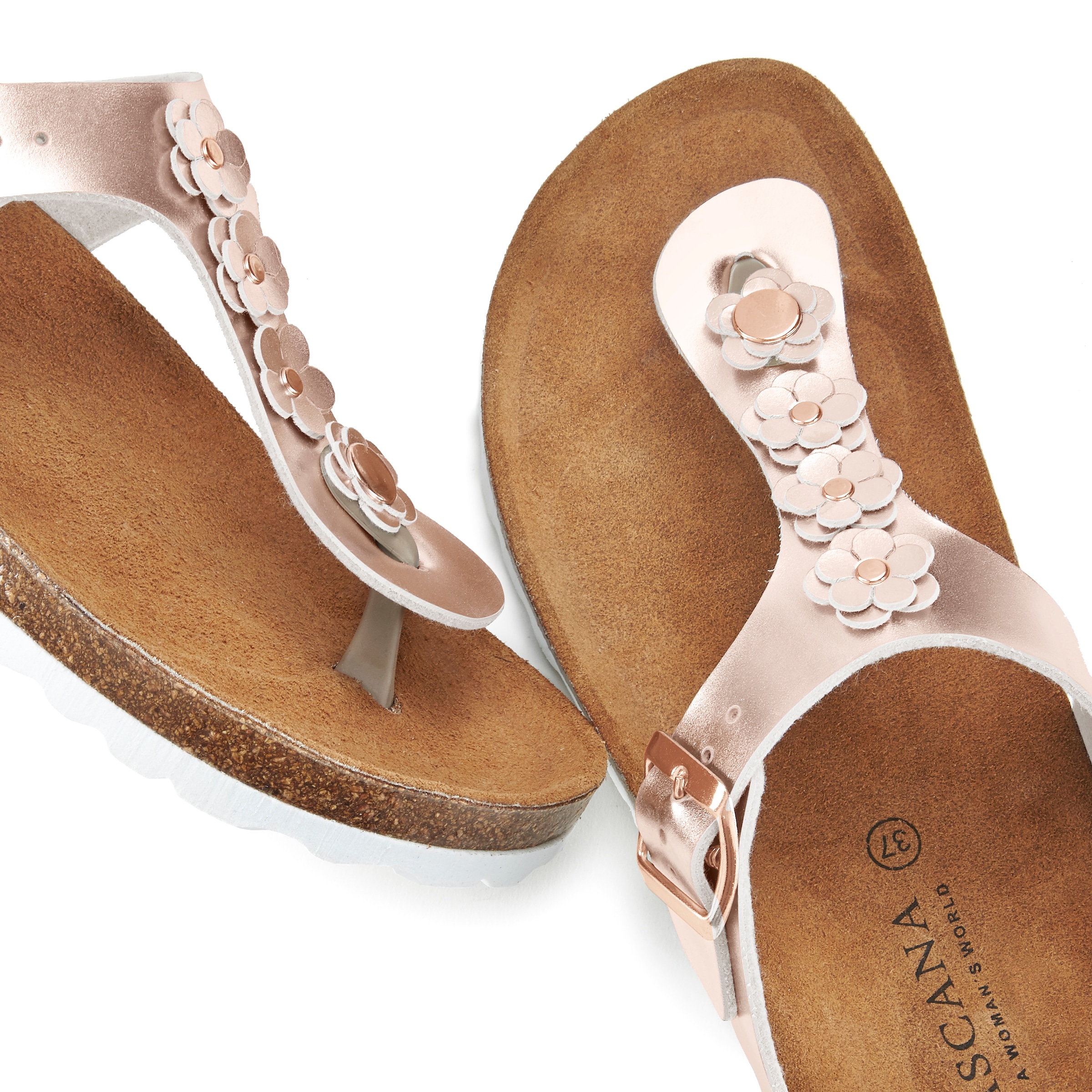 LASCANA Zehentrenner »Sandale, Pantolette, offener Schuh, Sommerschuh,«, mit modischer Applikation und Komfortkorkfußbett aus Leder