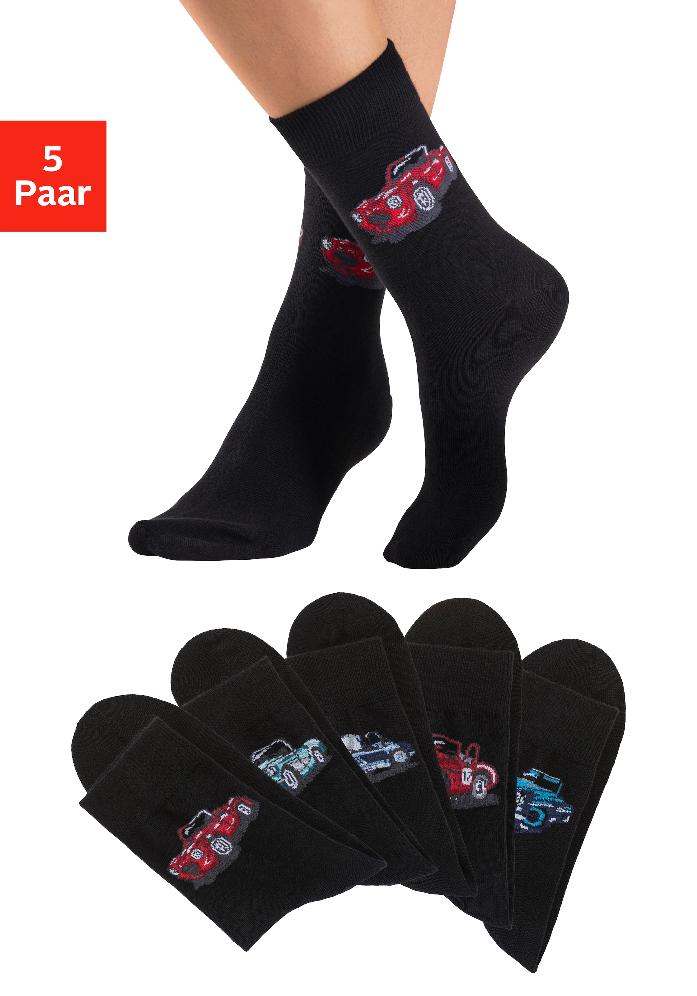 H.I.S Freizeitsocken »Damen und Herrensocken Motivsocken« Packung, 5 Paar tlg. mit eingestrickten Automobil Motiven