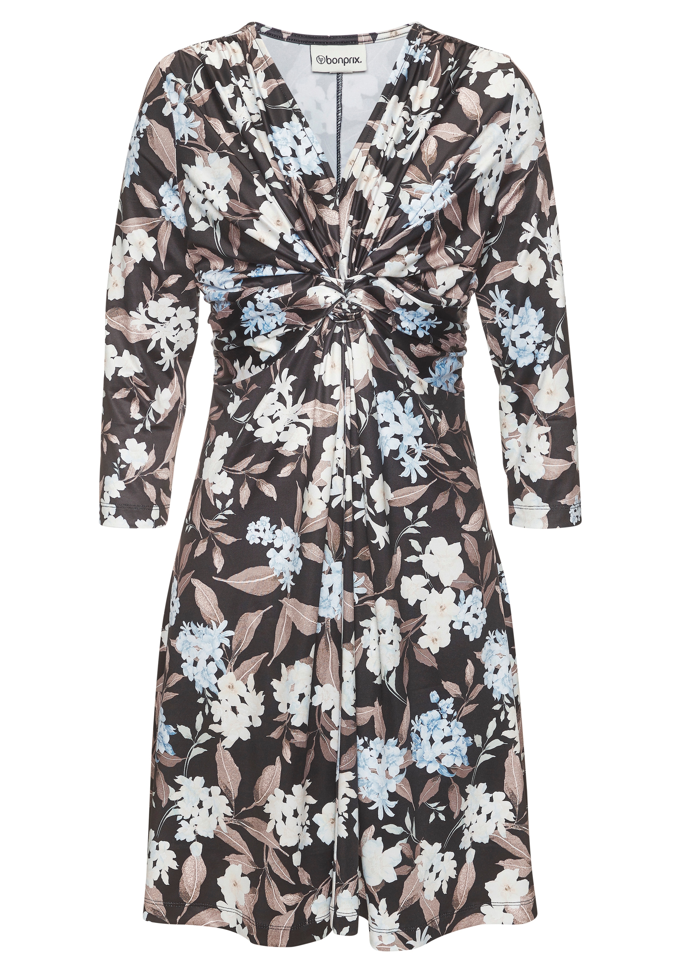 LASCANA Jerseykleid »aus bügelfreier Ware mit Knotendetail vorne mit Blumendruck« Ohne Taschen festlich-elegantes Sommerkleid, tailliertes Druckkleid, Cocktailkleid