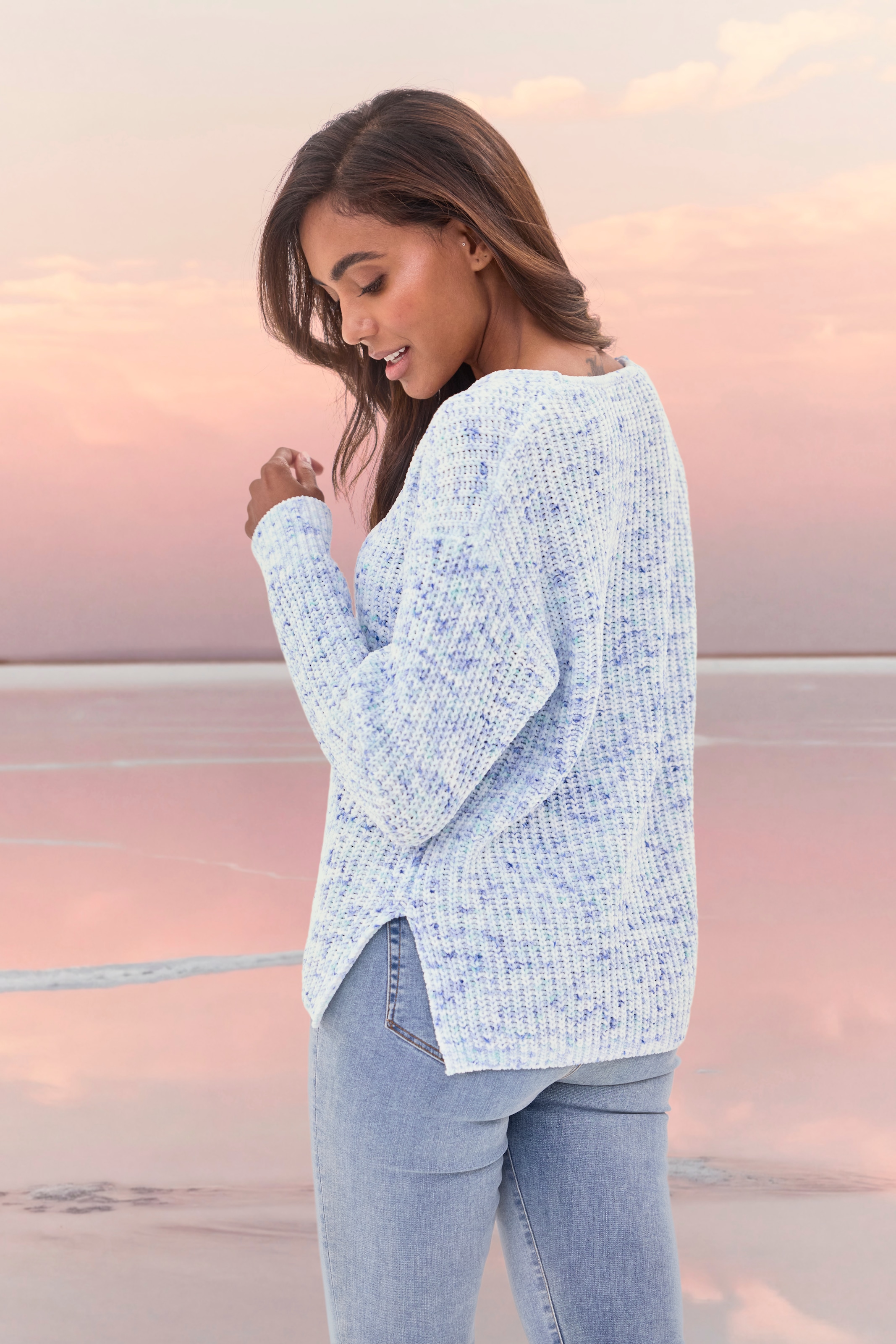 Buffalo V-Ausschnitt-Pullover , aus weichem Chenille, Strickpullover, kuschelig weich, Pastell
