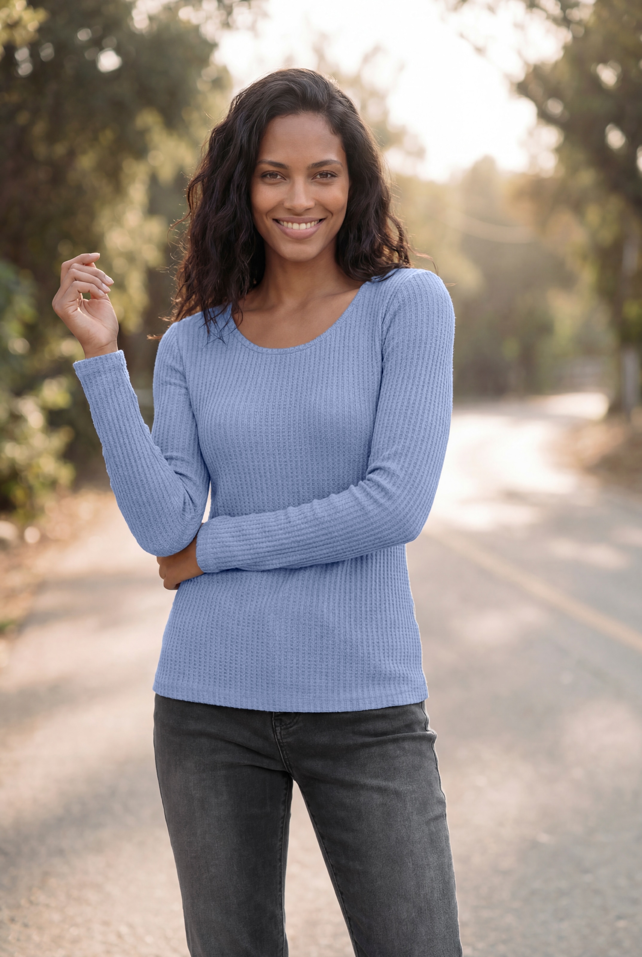 LASCANA Langarmshirt »in modischer Piqué-Optik« aus weichem Waffelpiqué Jersey, bügelfrei