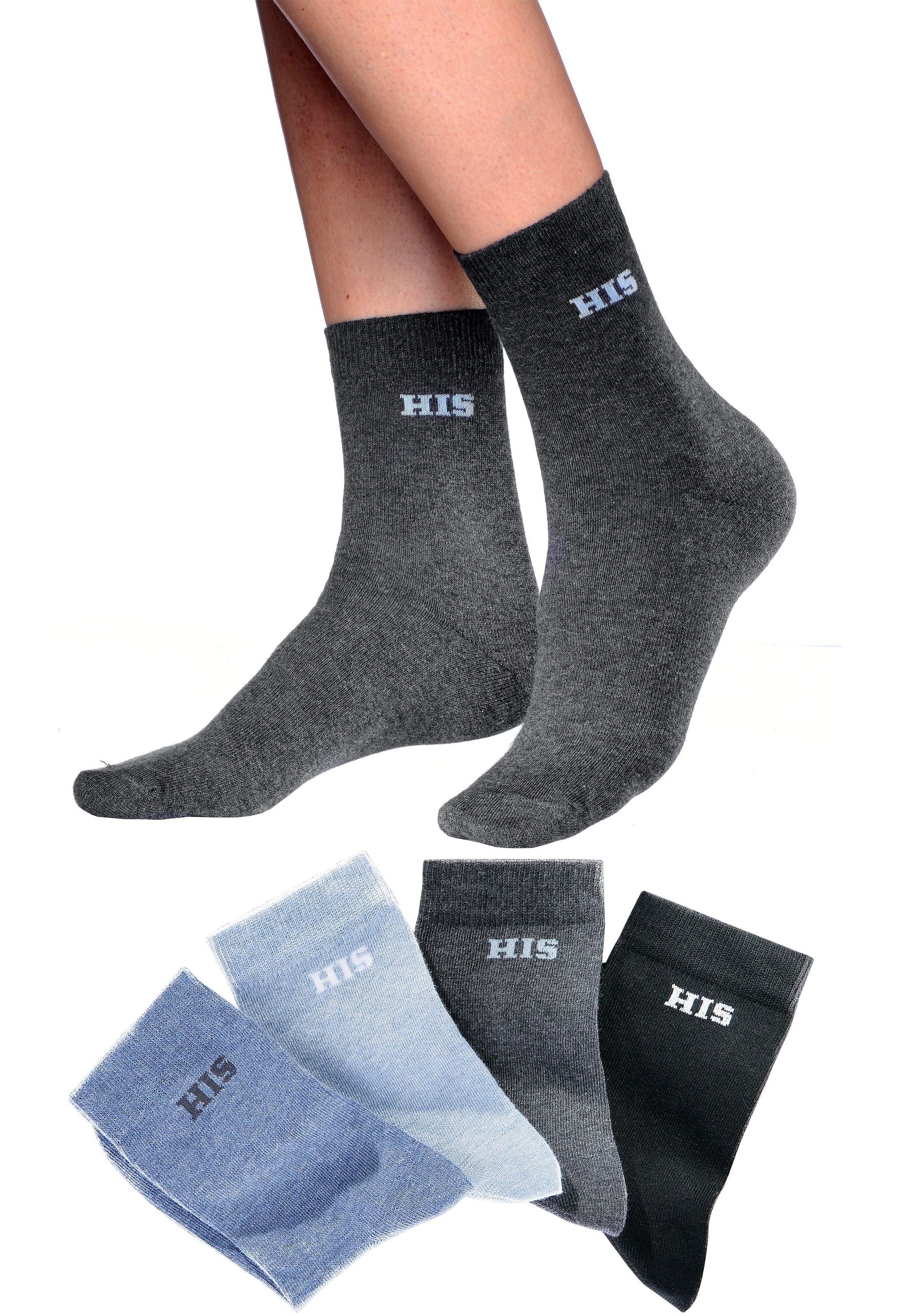 H.I.S Basicsocken »Damen Herren Ringel und uni Socken« Packung, 4 Stk. tlg. mit eingestricktem Markenlogo
