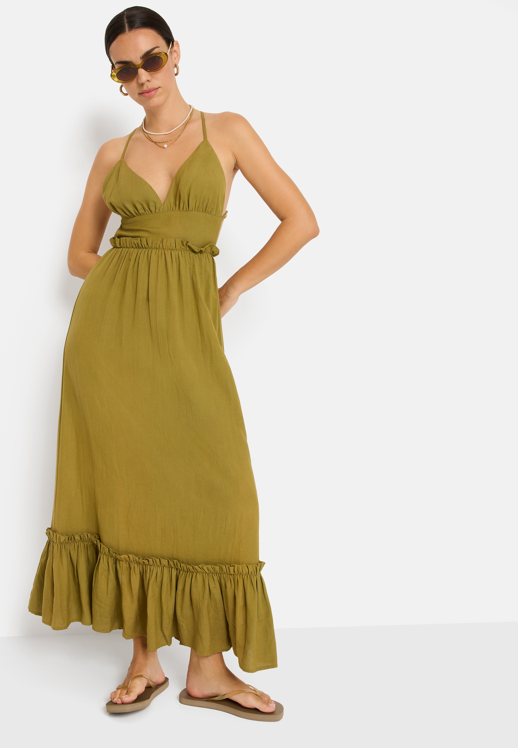 LSCN by LASCANA Maxikleid Ohne Taschen aus Webware mit Leinenanteil, Strandkleid, Boho-Kleid