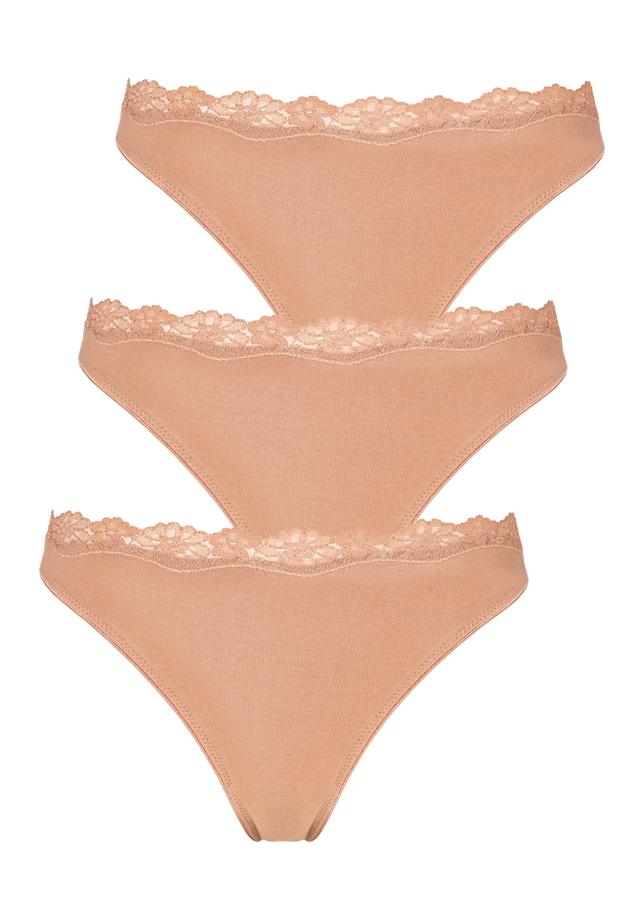 LASCANA String, (3er-Pack), aus elastischer Baumwolle mit zarter Spitze