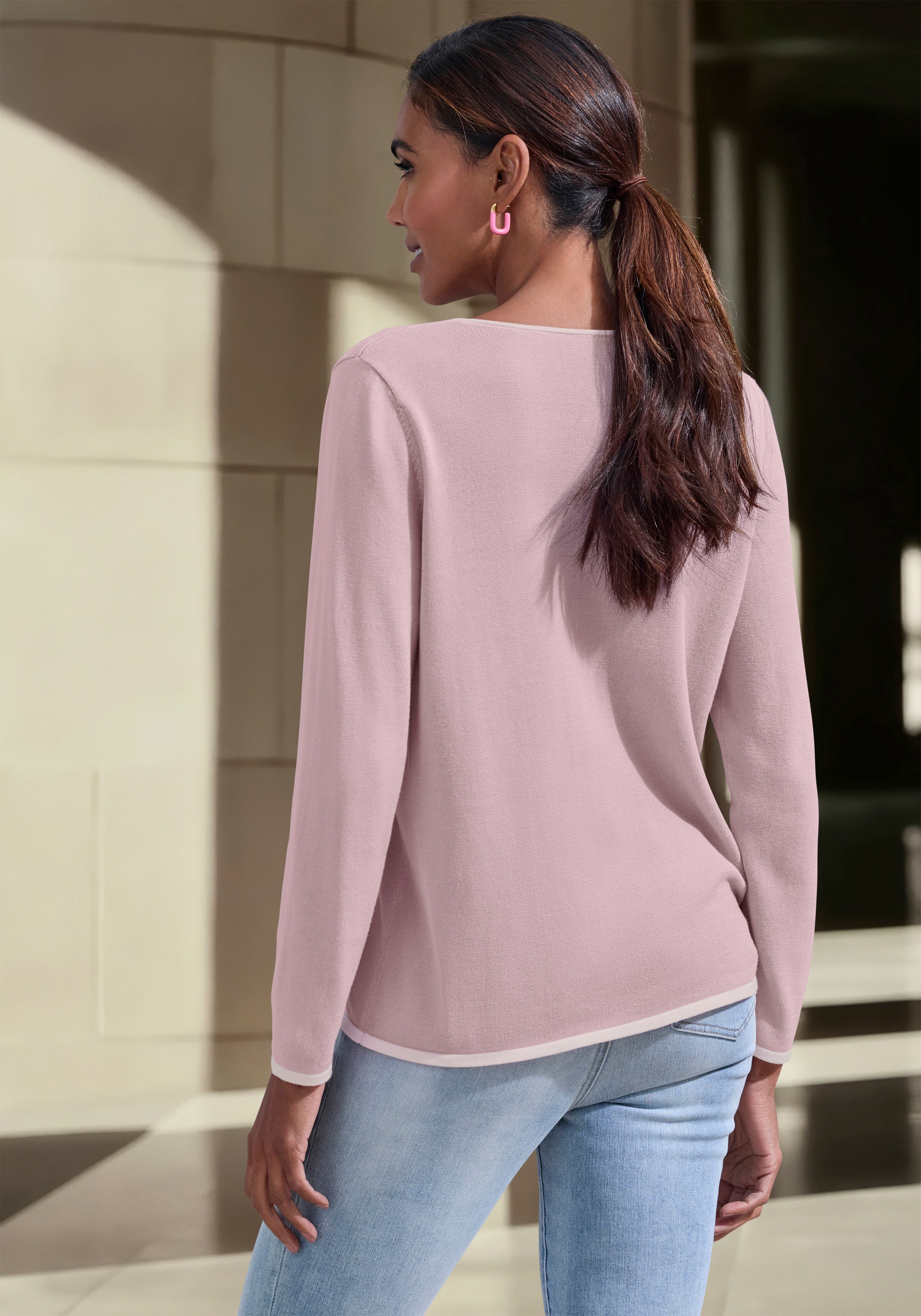 Vivance V-Ausschnitt-Pullover mit Kontrastkanten, Basic-Pullover aus weichem Feinstrick, casual
