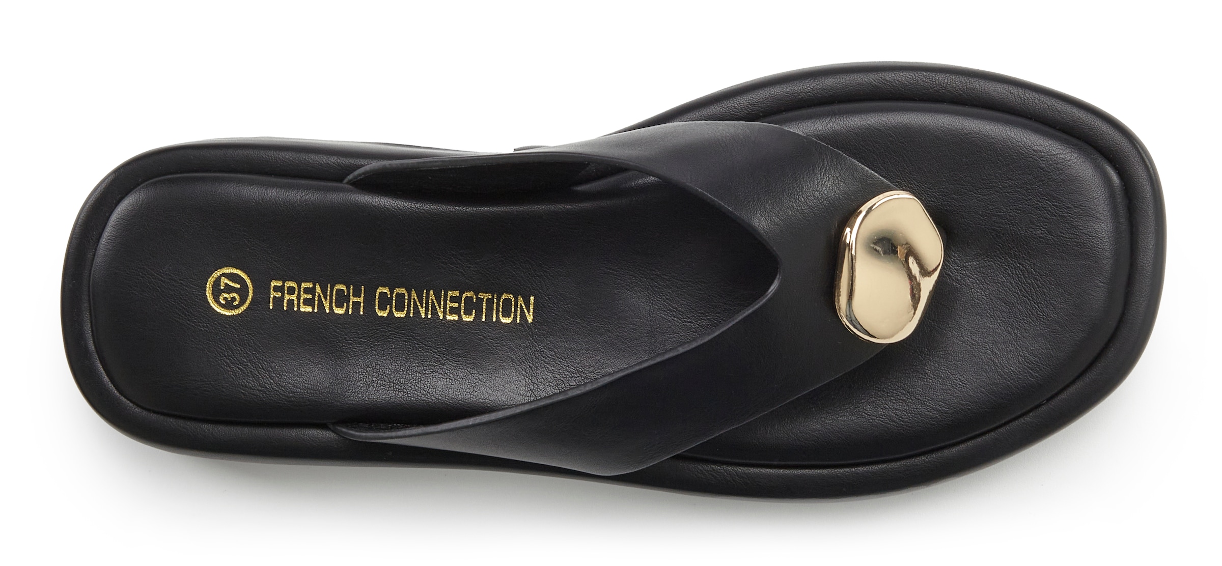 French Connection Zehentrenner »Sandale, Pantolette, offener Schuh, Sommerschuhe«  NEU mit goldfarbenem Schmuckelement und bequemer Sohle VEGAN