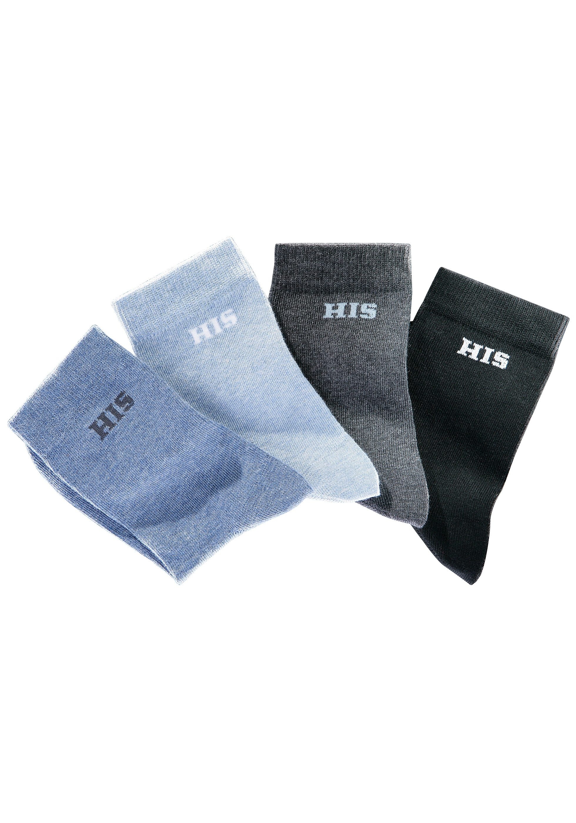H.I.S Basicsocken »Damen Herren Ringel und uni Socken« Packung, 4 Stk. tlg. mit eingestricktem Markenlogo