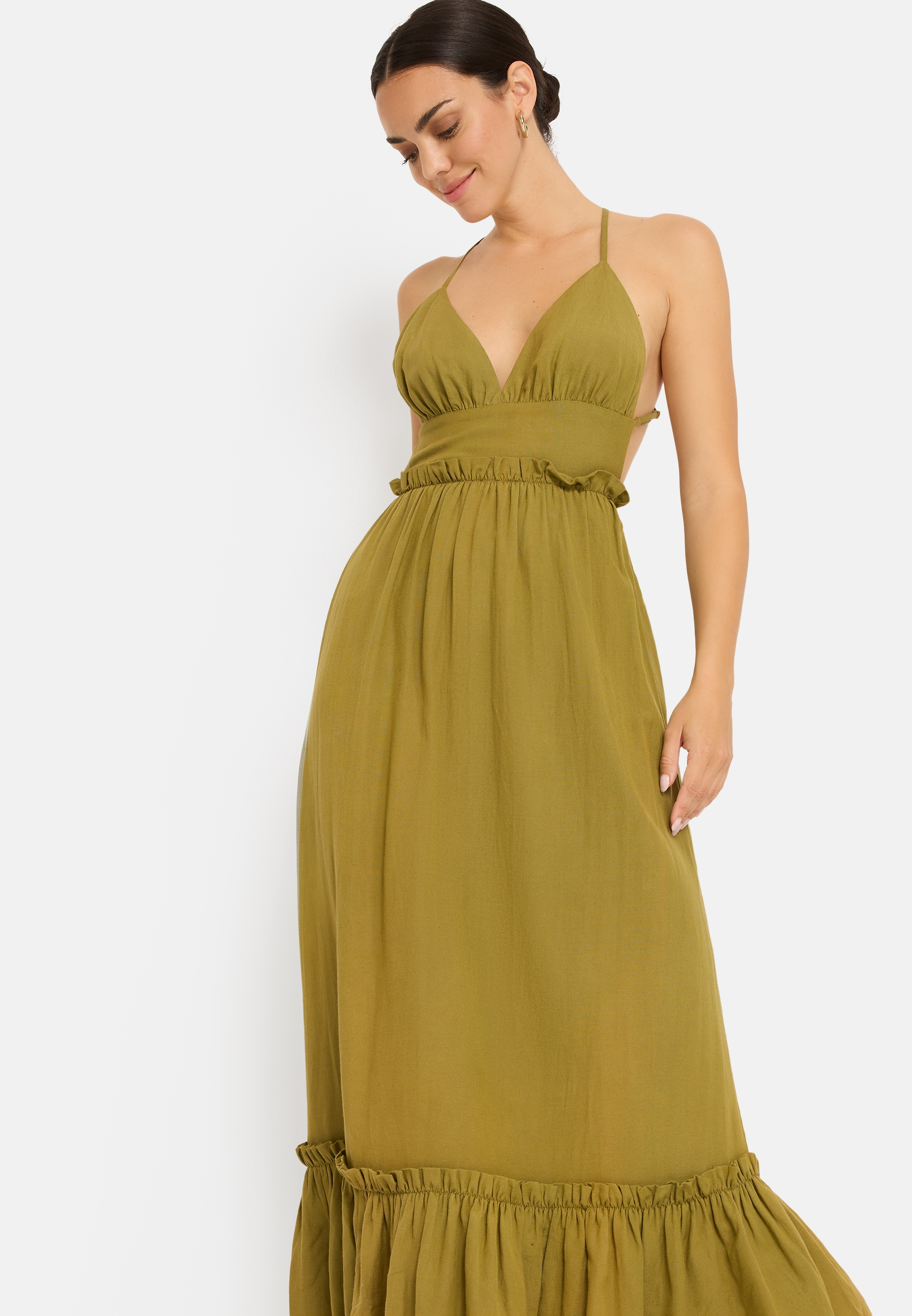 LSCN by LASCANA Maxikleid Ohne Taschen aus Webware mit Leinenanteil, Strandkleid, Boho-Kleid