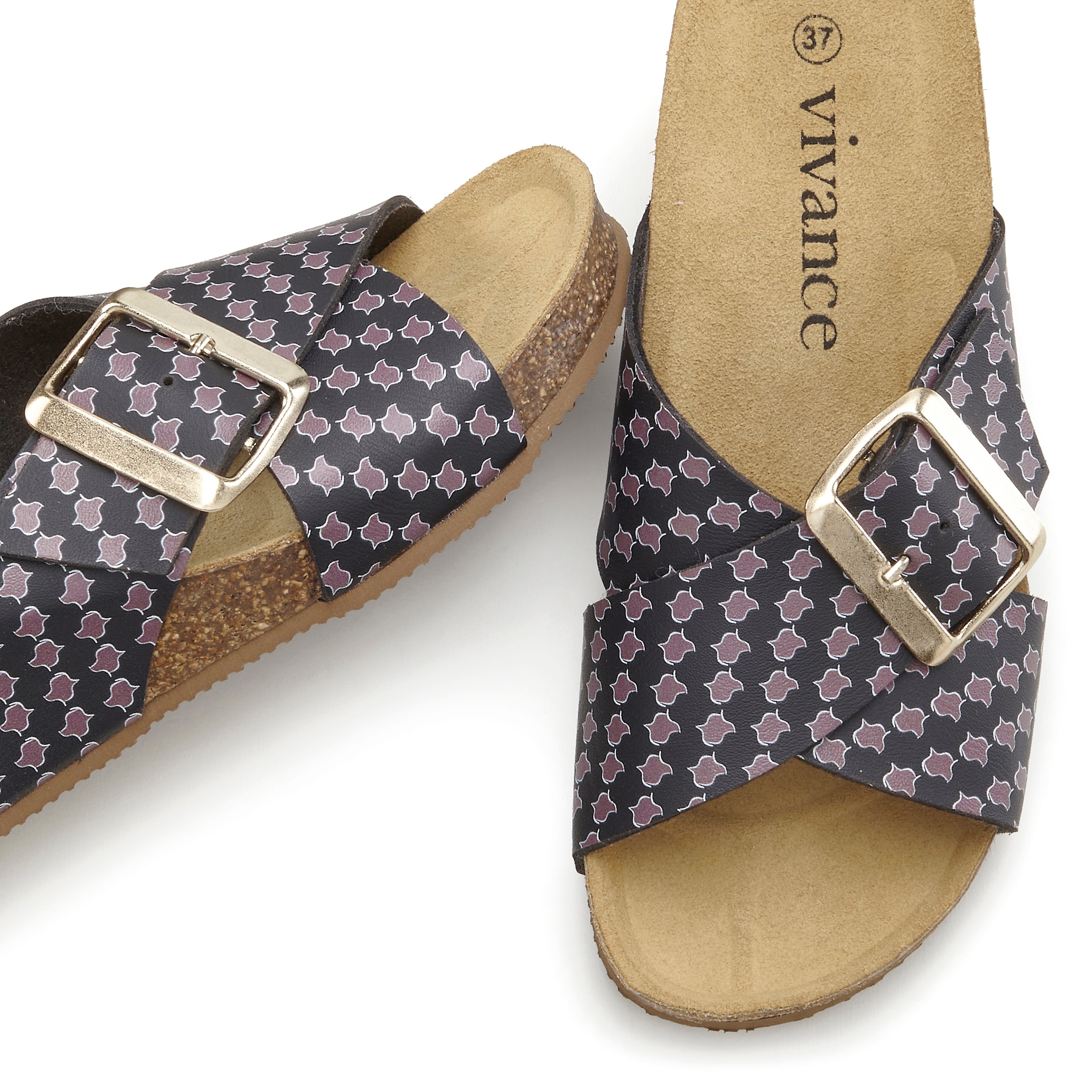 Vivance Pantolette »Sandale, Mule, offener Schuh«, mit Komfortkorkfußbett aus Leder, Keilabsatz und Print