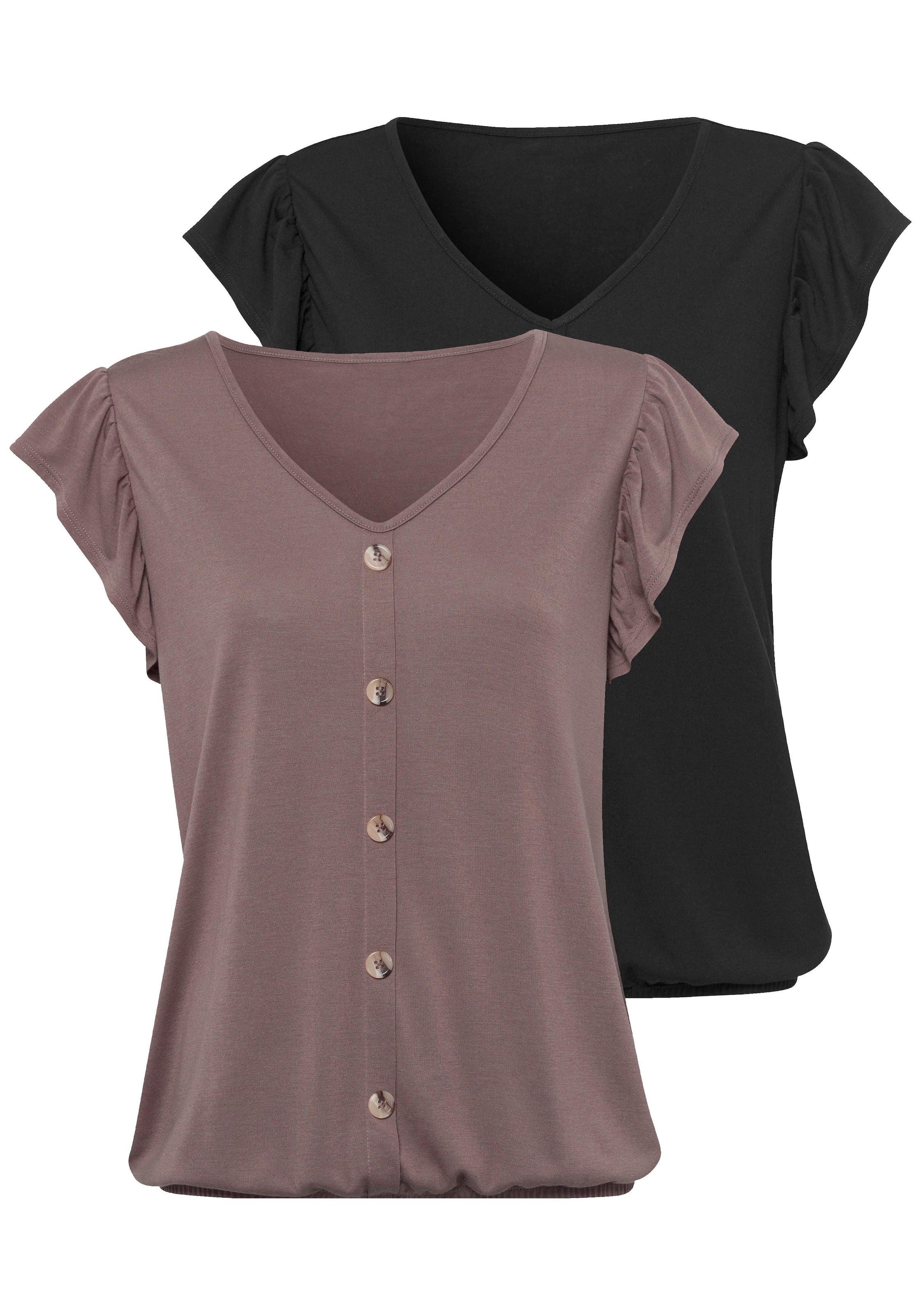 LASCANA Kurzarmshirt »mit Zierknopfleiste und Flügelärmelchen«, (2er-Pack), aus weicher Viskose-Qualität