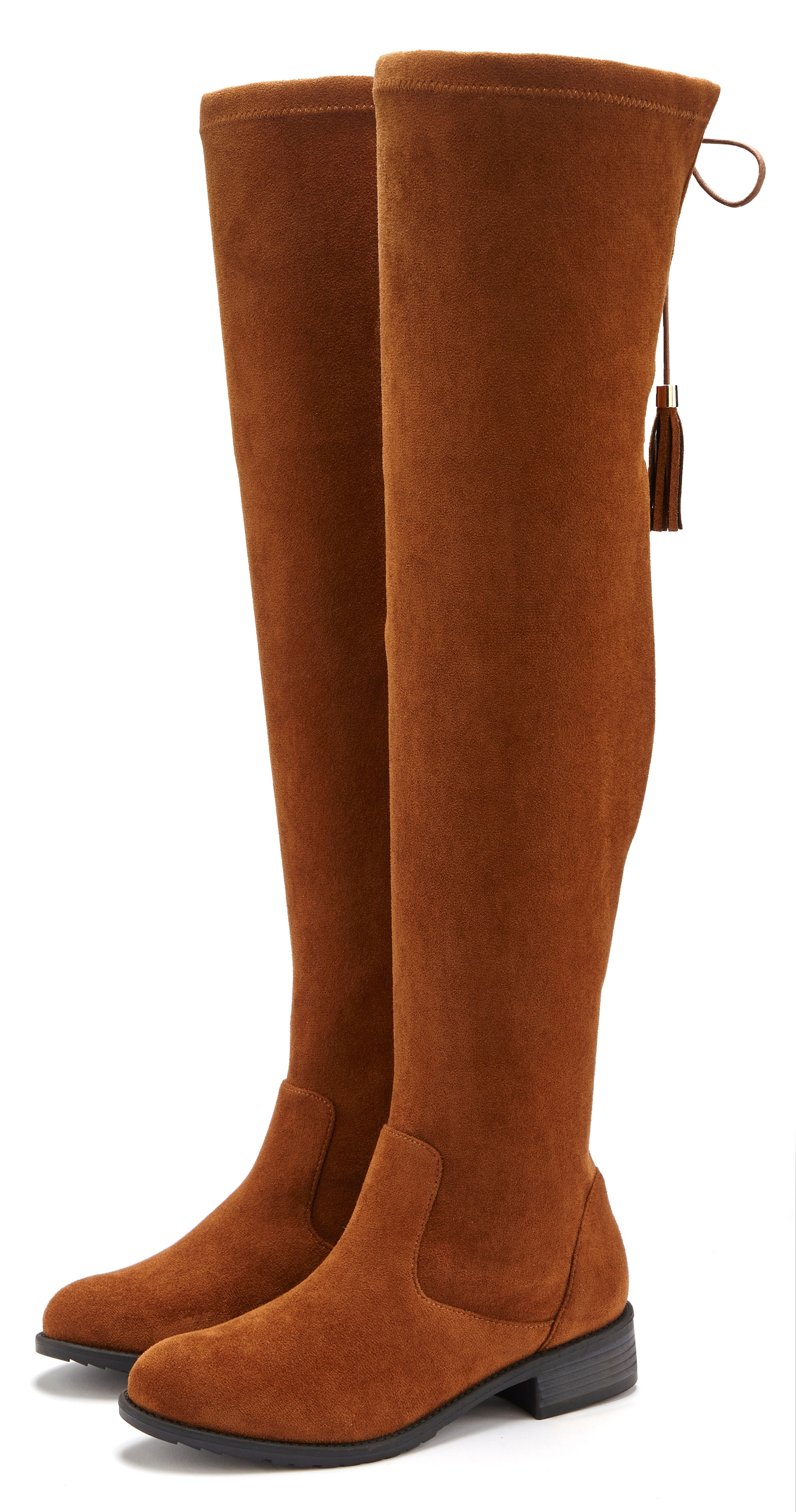 LASCANA Overkneestiefel »Stiefel, Langschaftstiefel«, mit elastischem Weitschaft und raffiniertem Flechtdetail