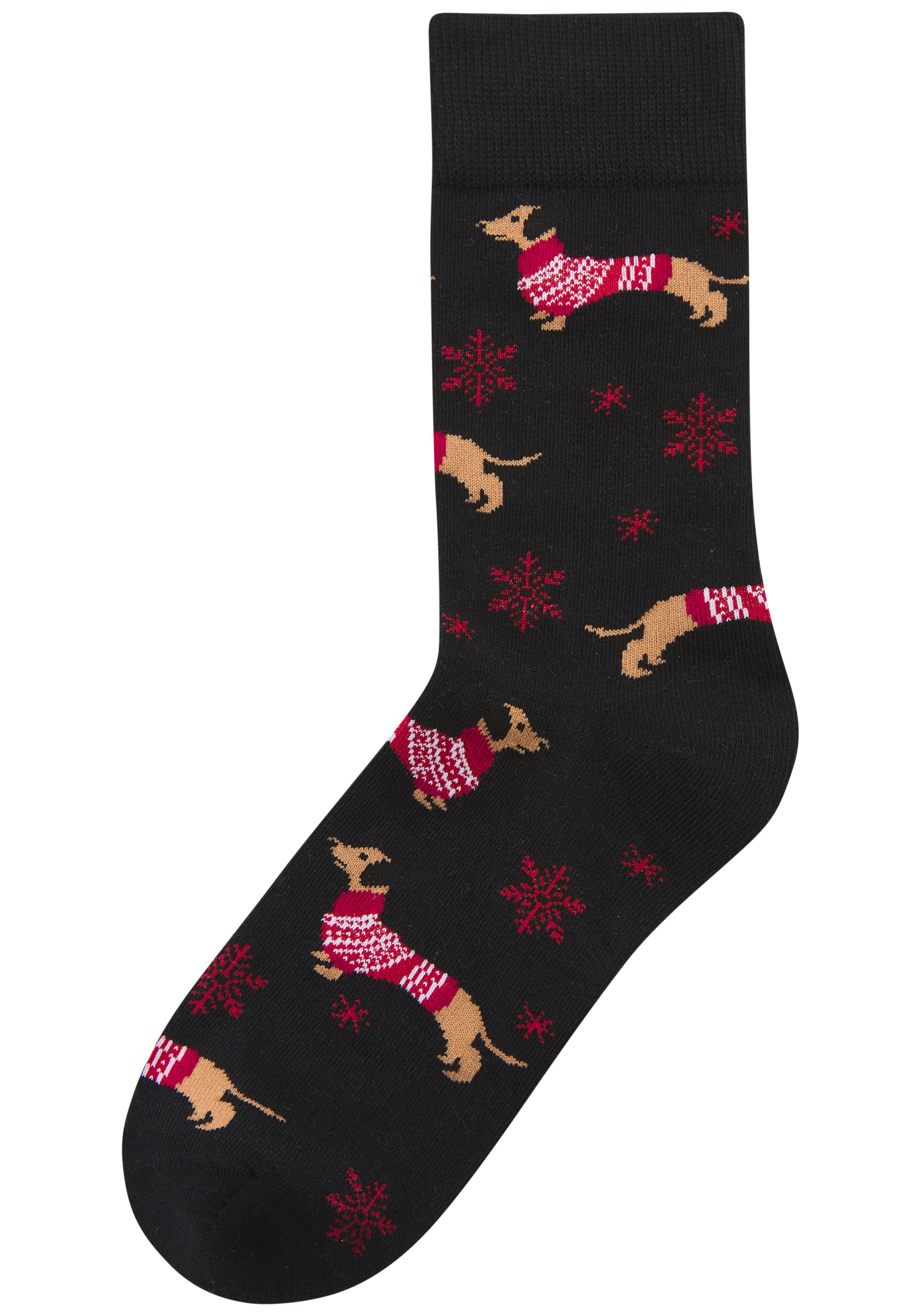 LASCANA Socken Packung, 3 Paar tlg. mit weihnachtlichem Dackelmotiv