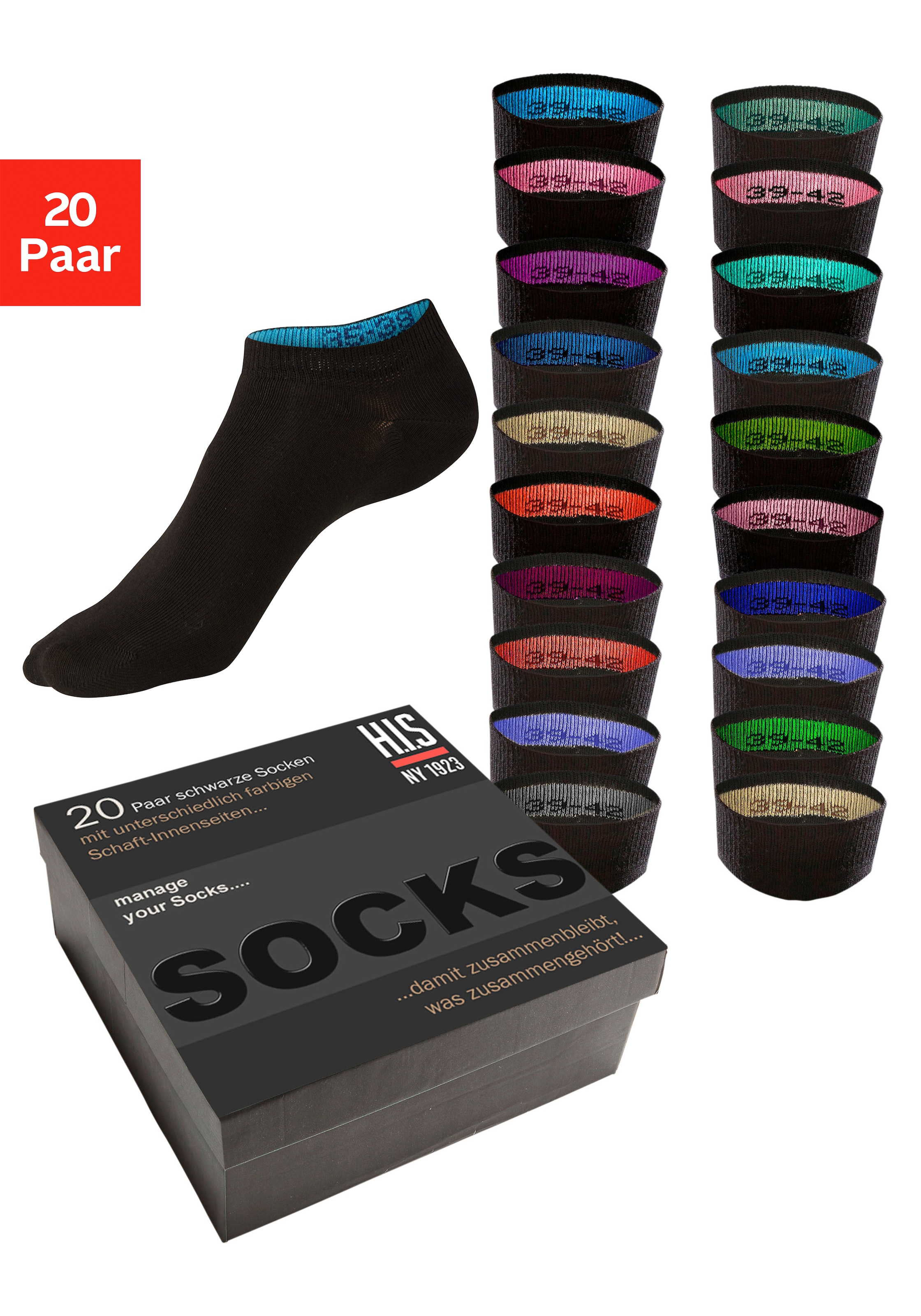 H.I.S Sneakersocken »für Damen und Herren, perfekt zu sortieren, mit farbigen Innenbündchen« Box, 20 Paar tlg. in praktischer Geschenkbox für Beruf und Freizeit