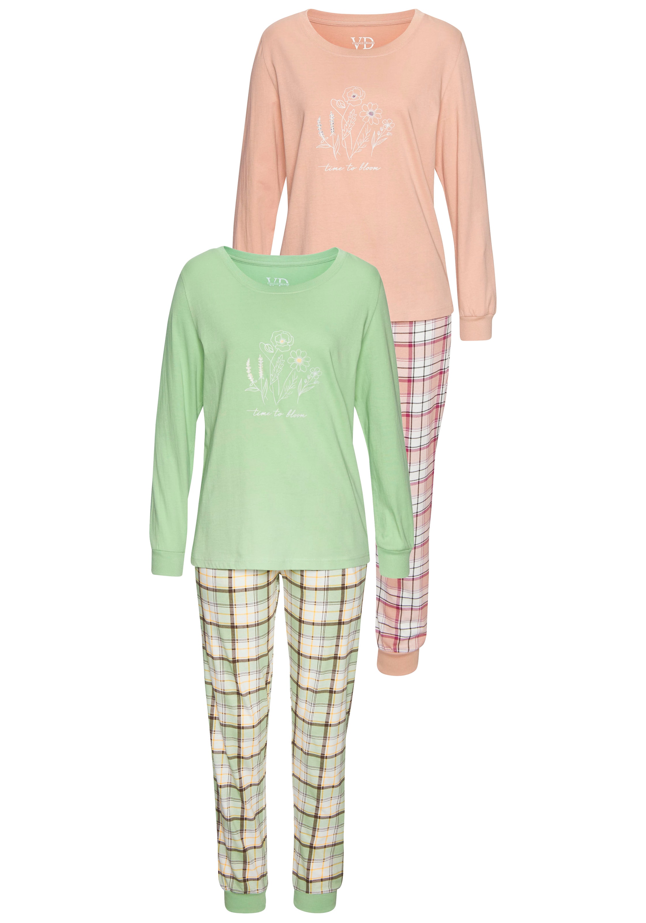 Vivance Dreams Pyjama, (Set, 2 Stück), Langarmshirt mit süßem Frontprint und karierter Hose