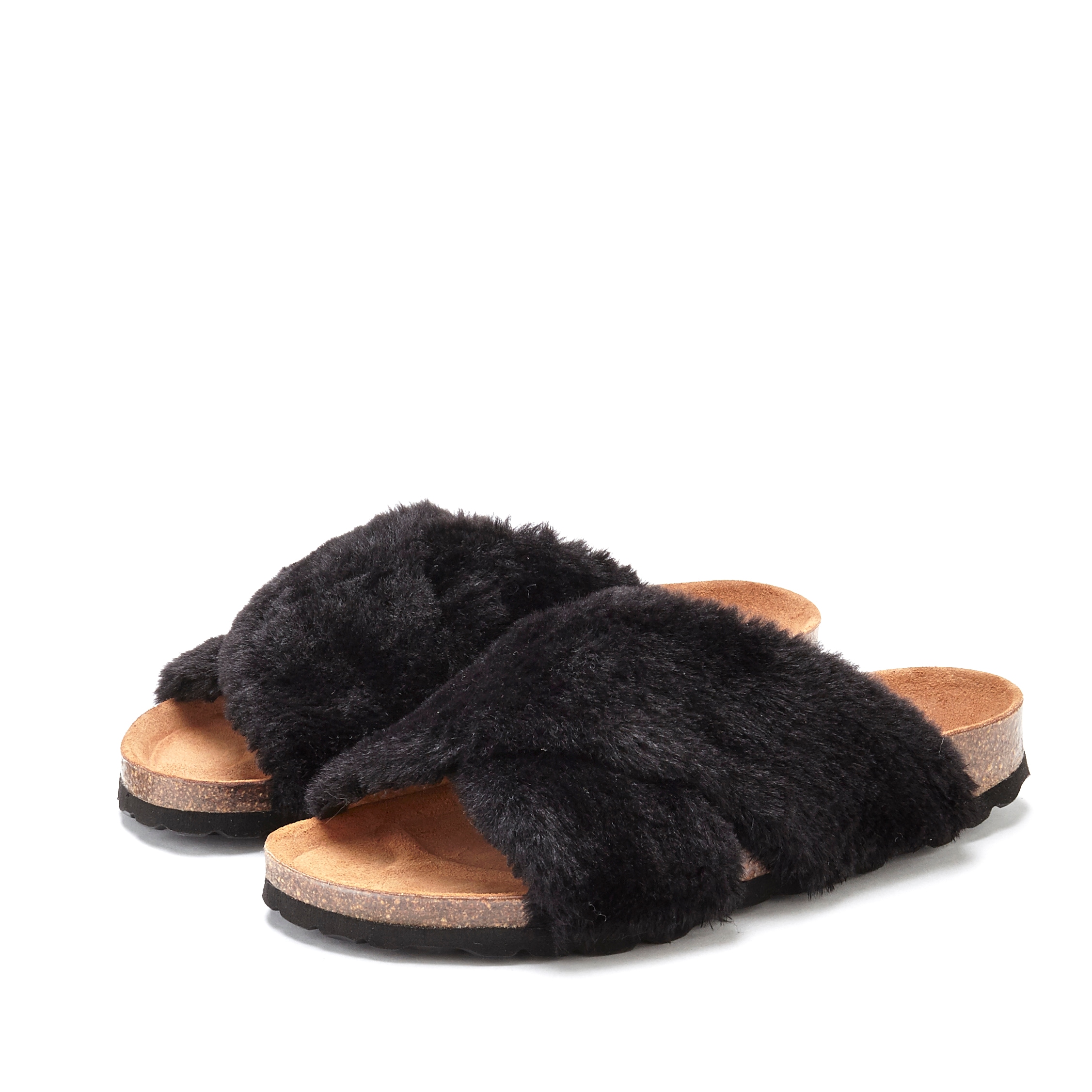 LASCANA Pantolette »Hausschuh, Mule, Sandale, offener Schuh,«, mit Korkfußbett und Fellimitat
