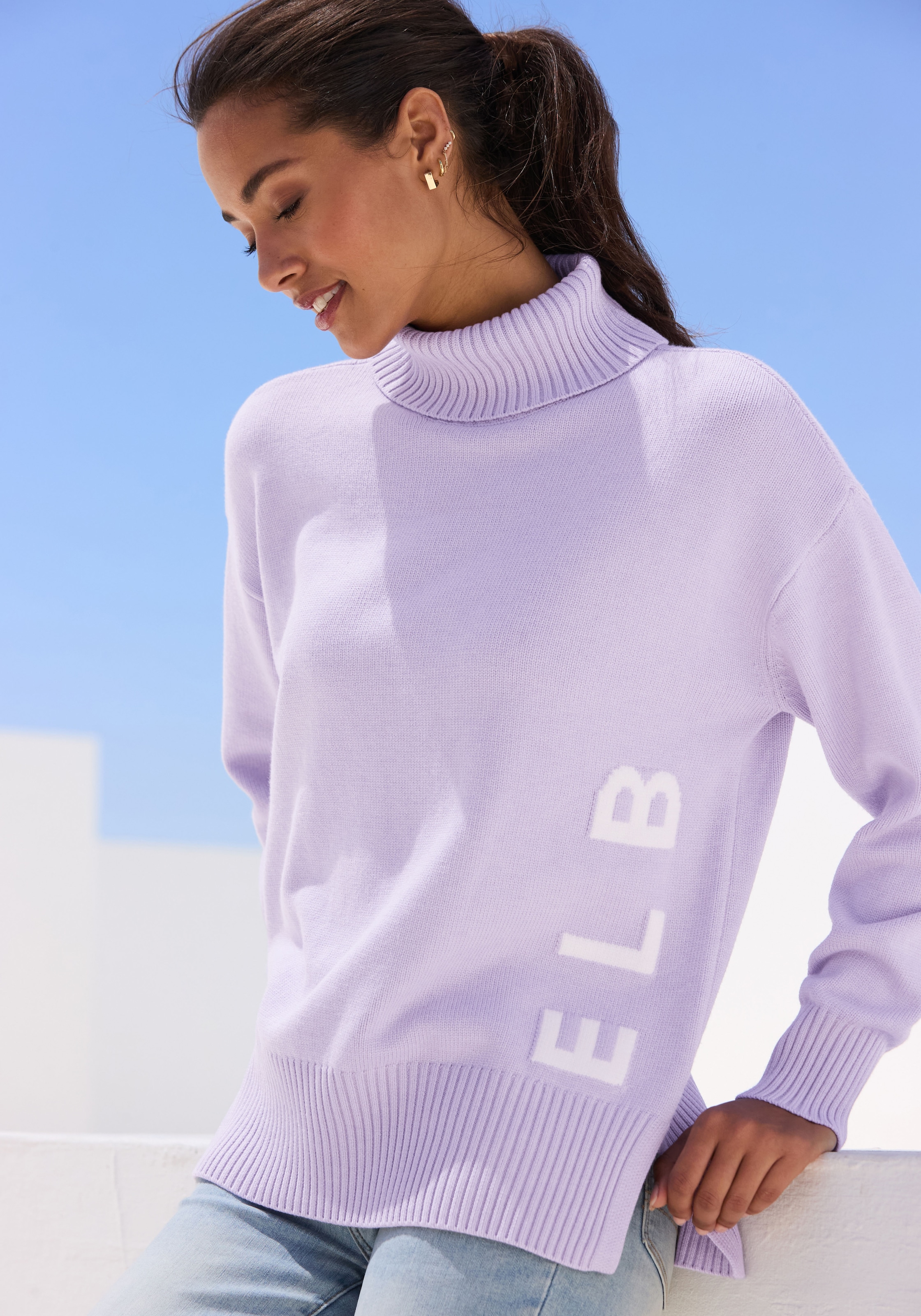 Elbsand Rollkragenpullover »mit eingestricktem Logoschriftzug« Kuscheliger Strickpullover, lockere Passform, super weich, casual