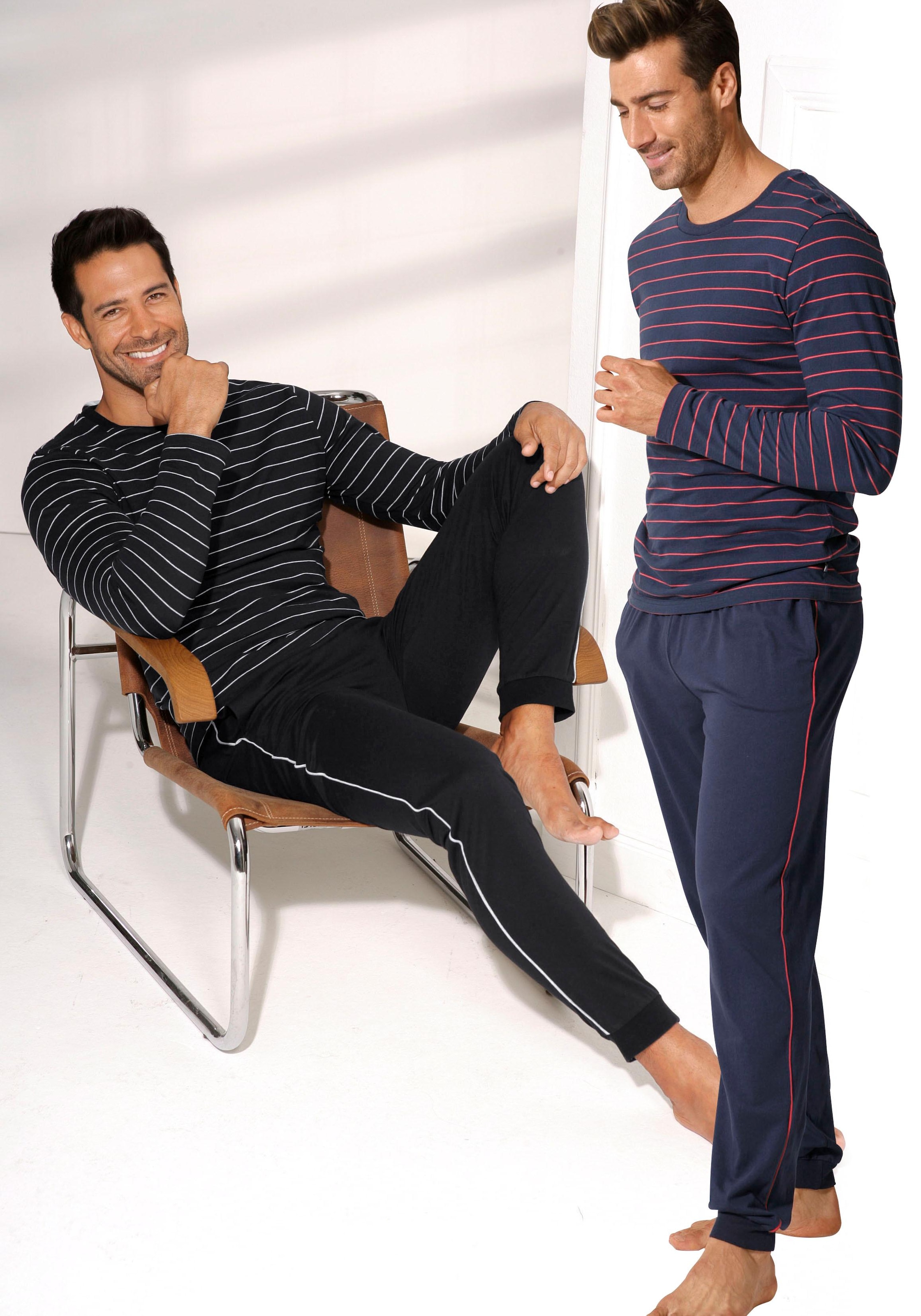 AUTHENTIC LE JOGGER Pyjama, (Packung, 4 tlg., 2 Stück), Schlafanzug in langer Form mit garngefärbten Streifen