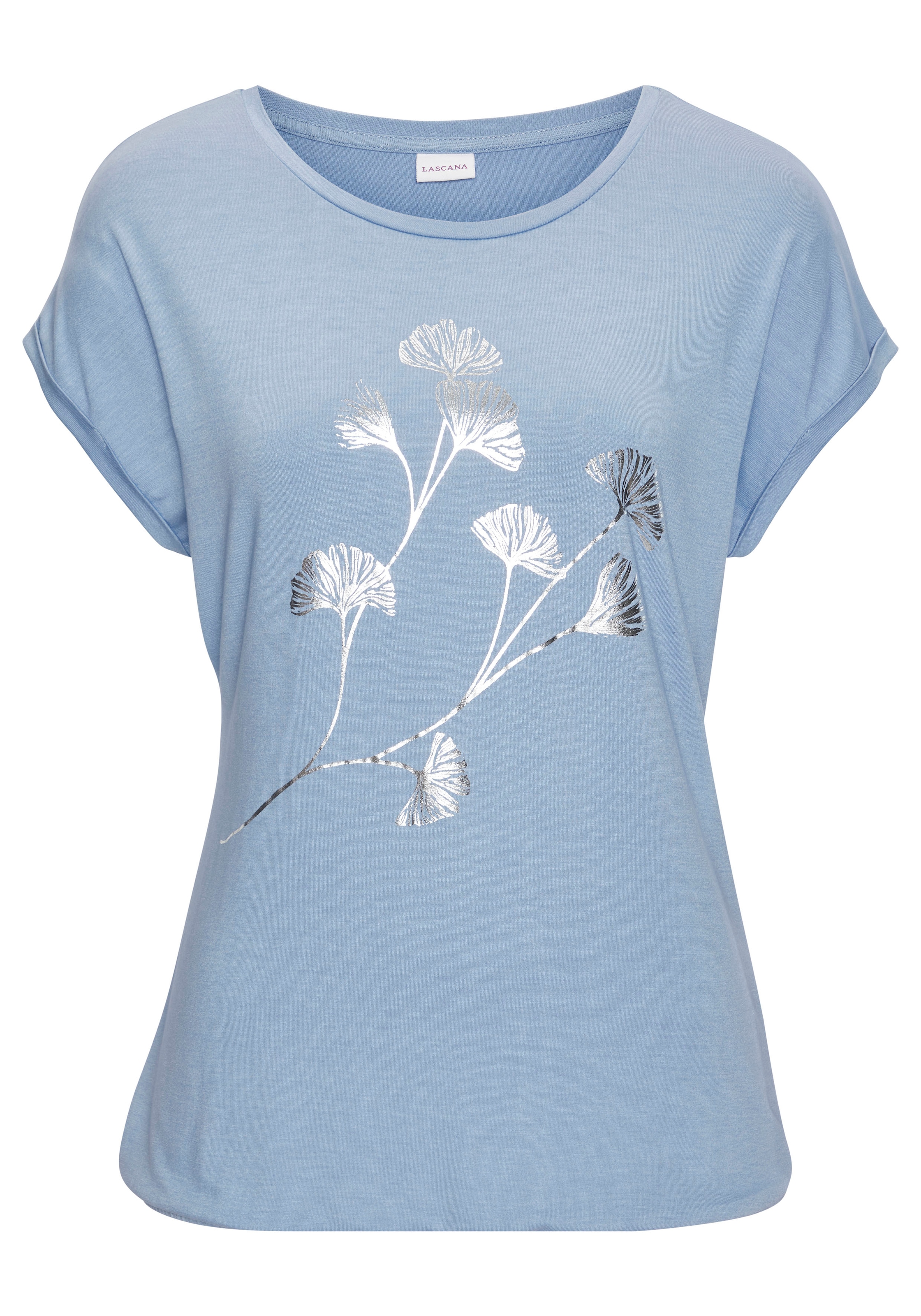 LASCANA Kurzarmshirt »mit schimmerndem Blumenprint«, aus elastischer Viskose-Qualität