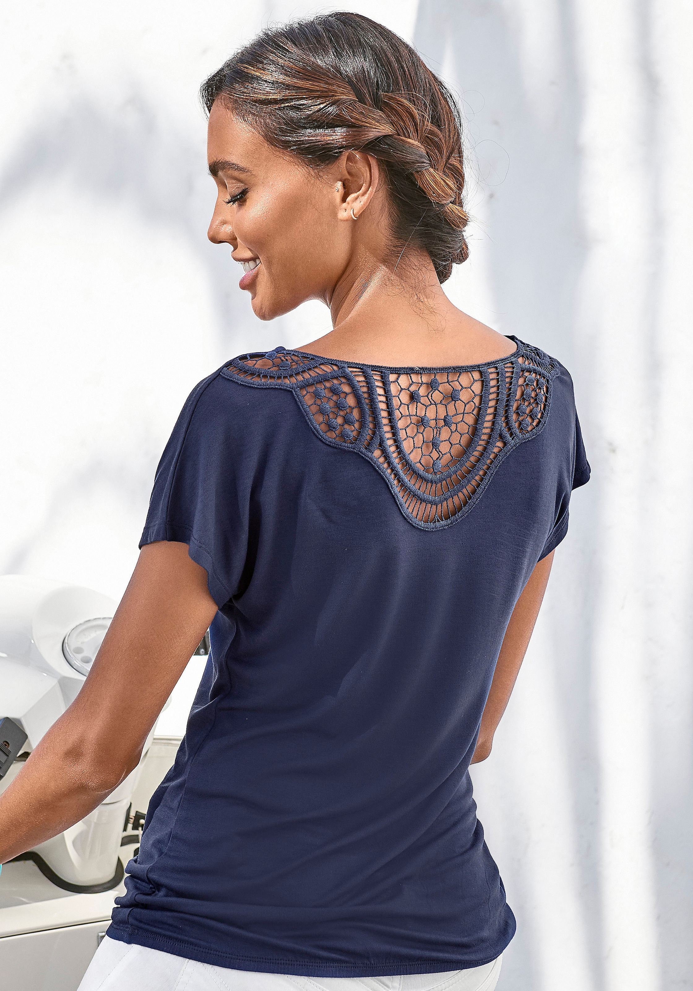 Vivance Kurzarmshirt »mit Häkelspitze am Rücken«, (2er-Pack), aus weichem Viskose-Stretch