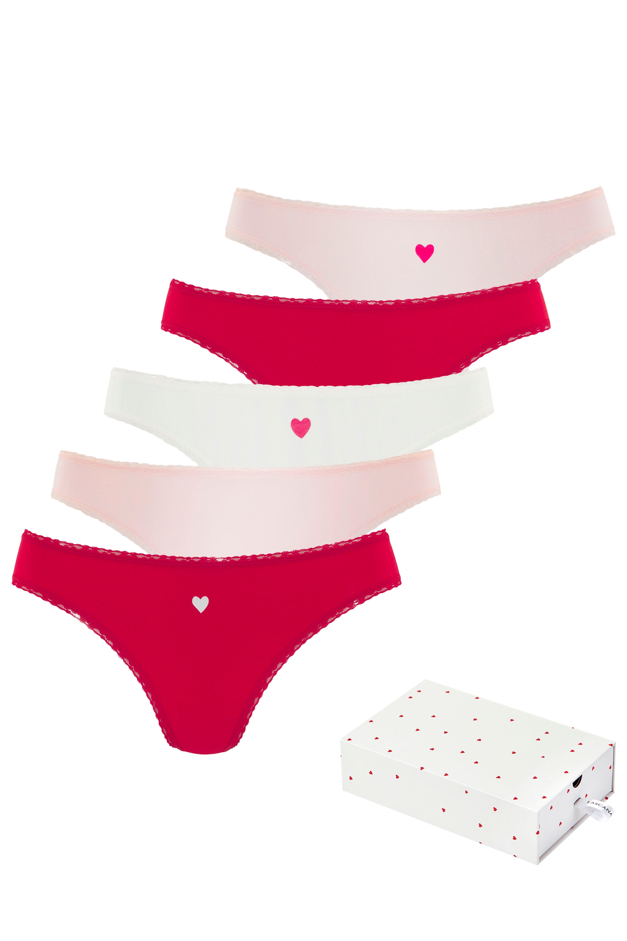 LASCANA String, (5er-Pack), mit süßen Herzchen-Prints und aus elastischer Baumwoll-Qualität