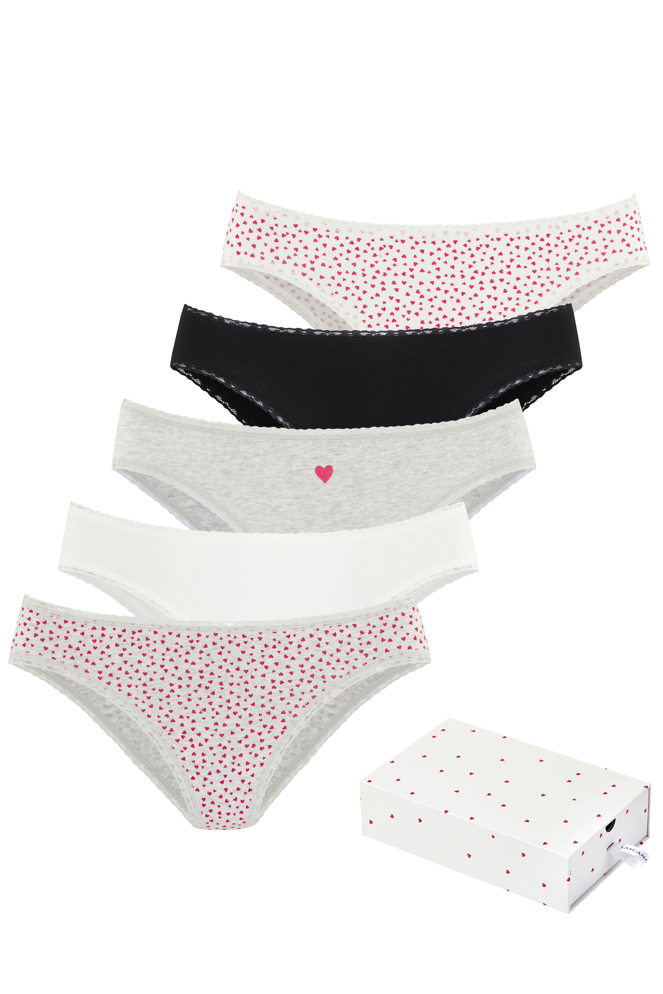 LASCANA Jazz-Pants Slips, (5er-Pack), mit süßen Herzchen-Prints und aus elastischer Baumwoll-Qualität