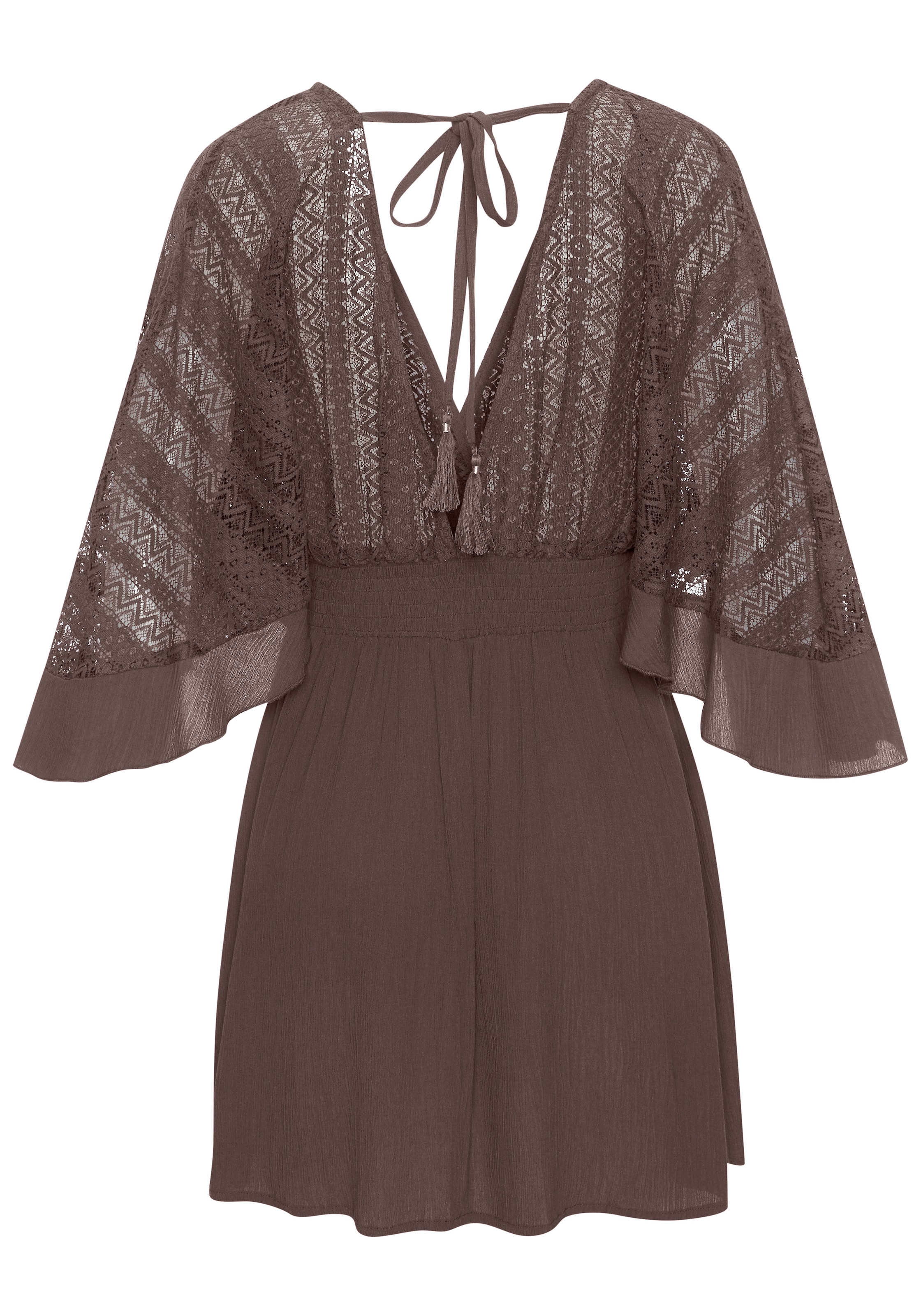 LASCANA Tunikakleid »mit weiten Ärmeln, Oberteil aus Spitze, aus leichtem Viskose-Crepe« Ohne Taschen Beachkleid, luftiges Strandkleid, Minikleid, Boho-Kleid, Festival