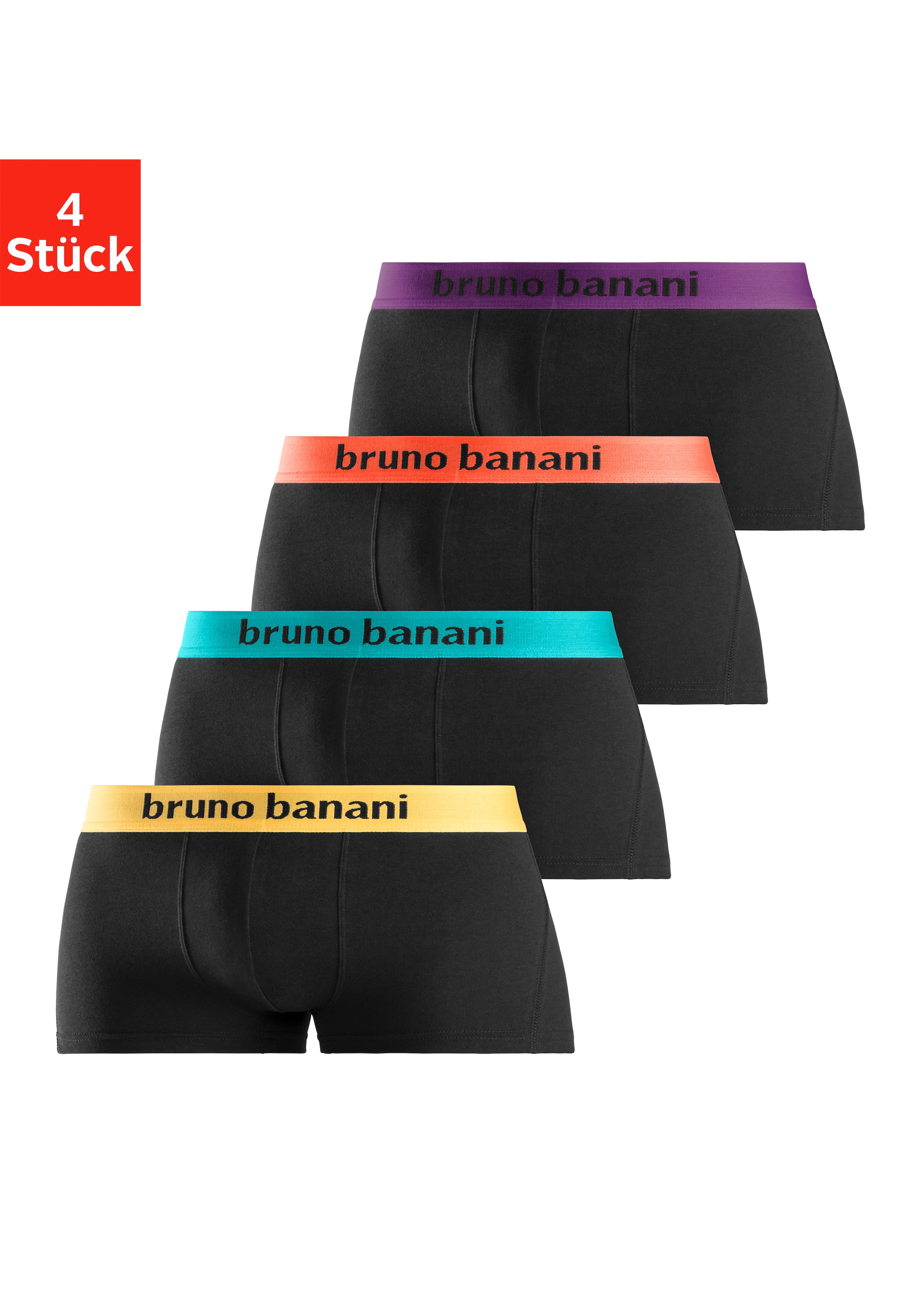 Bruno Banani Hipster, (Packung, 4 St.), knapp sitzende Boxershorts mit Logo Webbund aus Baumwollmischung