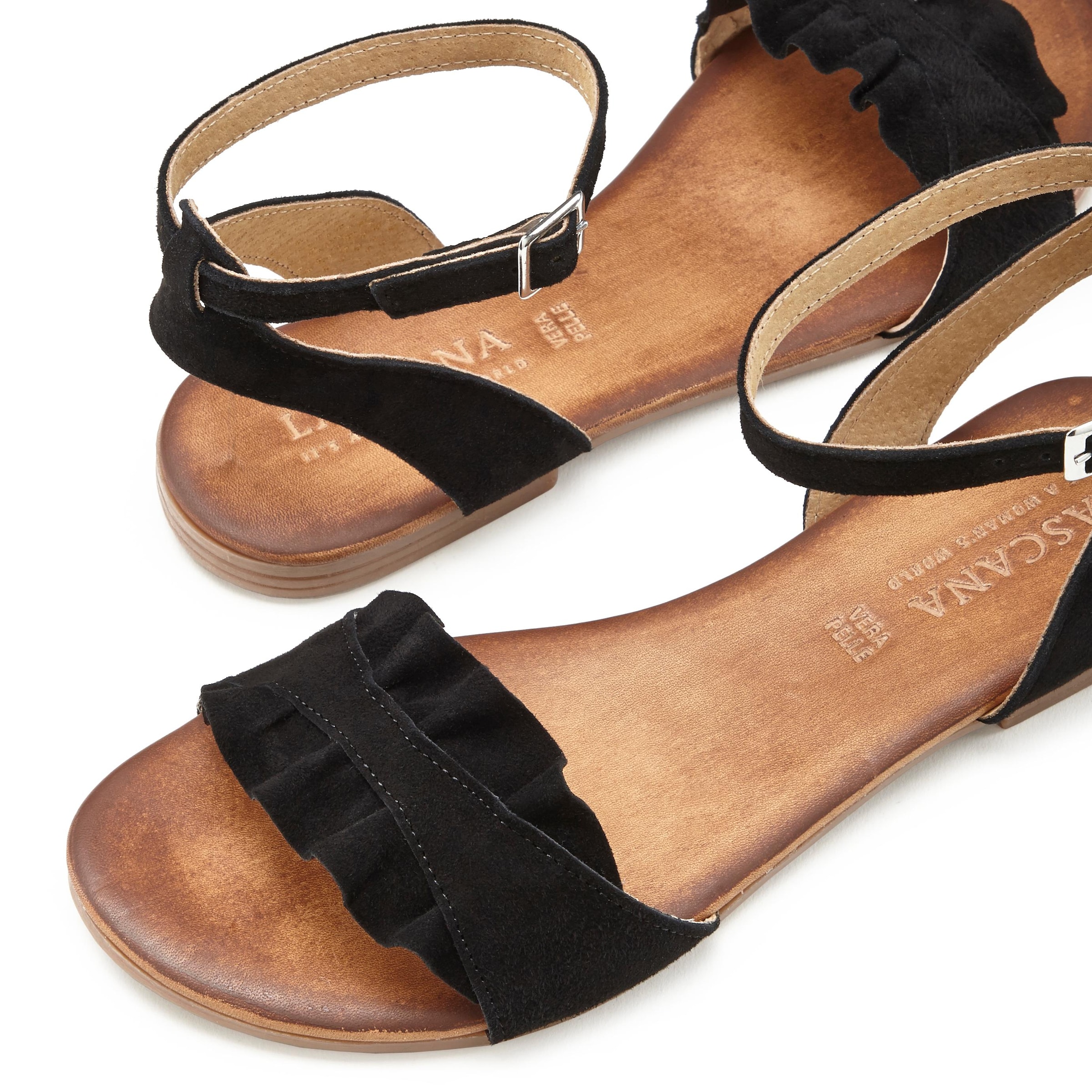 LASCANA Sandale »Sommerschuh«, Sandalette, Sommerschuh aus hochwertigem Leder mit kleinen Rüschen
