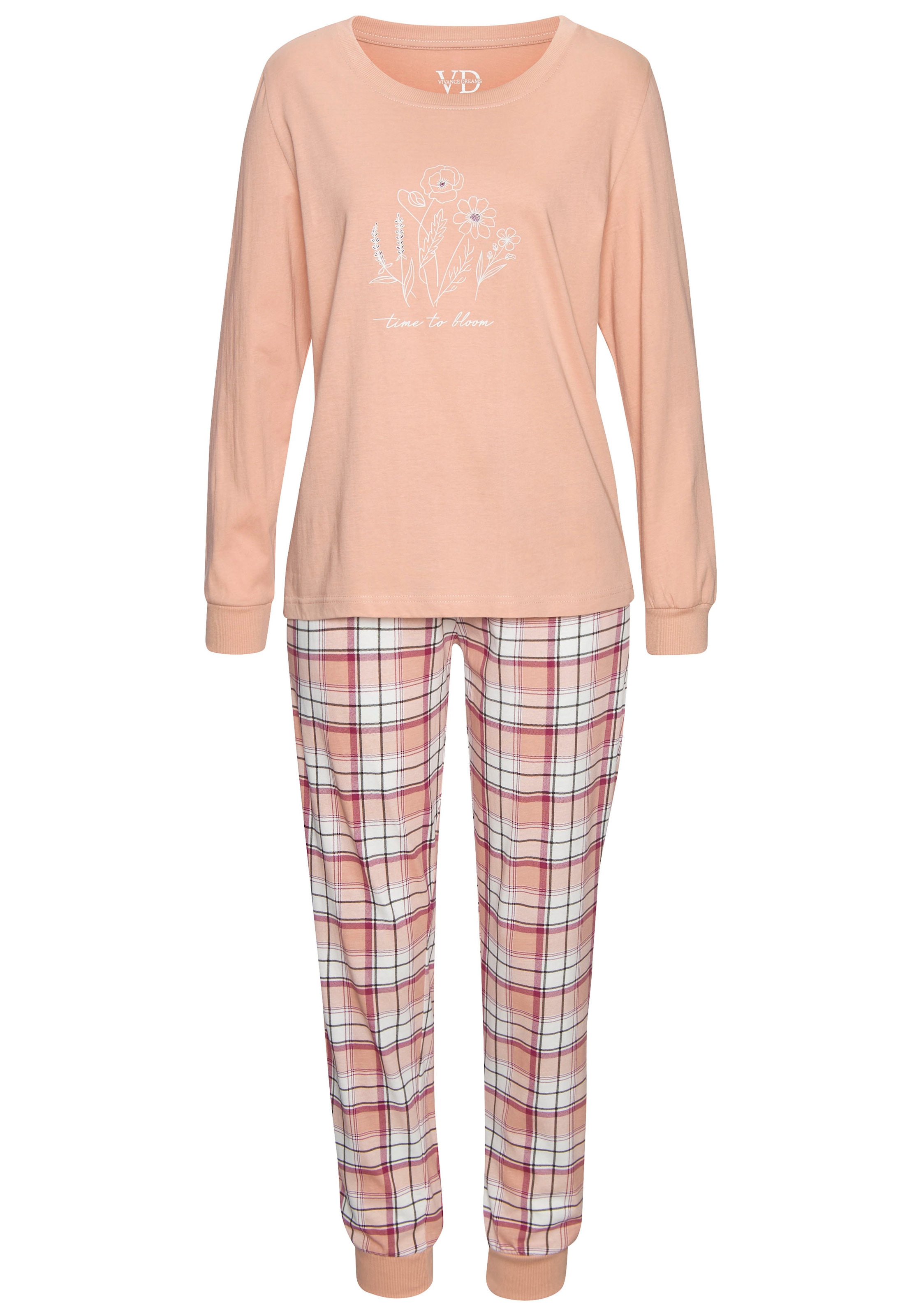 Vivance Dreams Pyjama, (Set, 2 Stück), Langarmshirt mit süßem Frontprint und karierter Hose