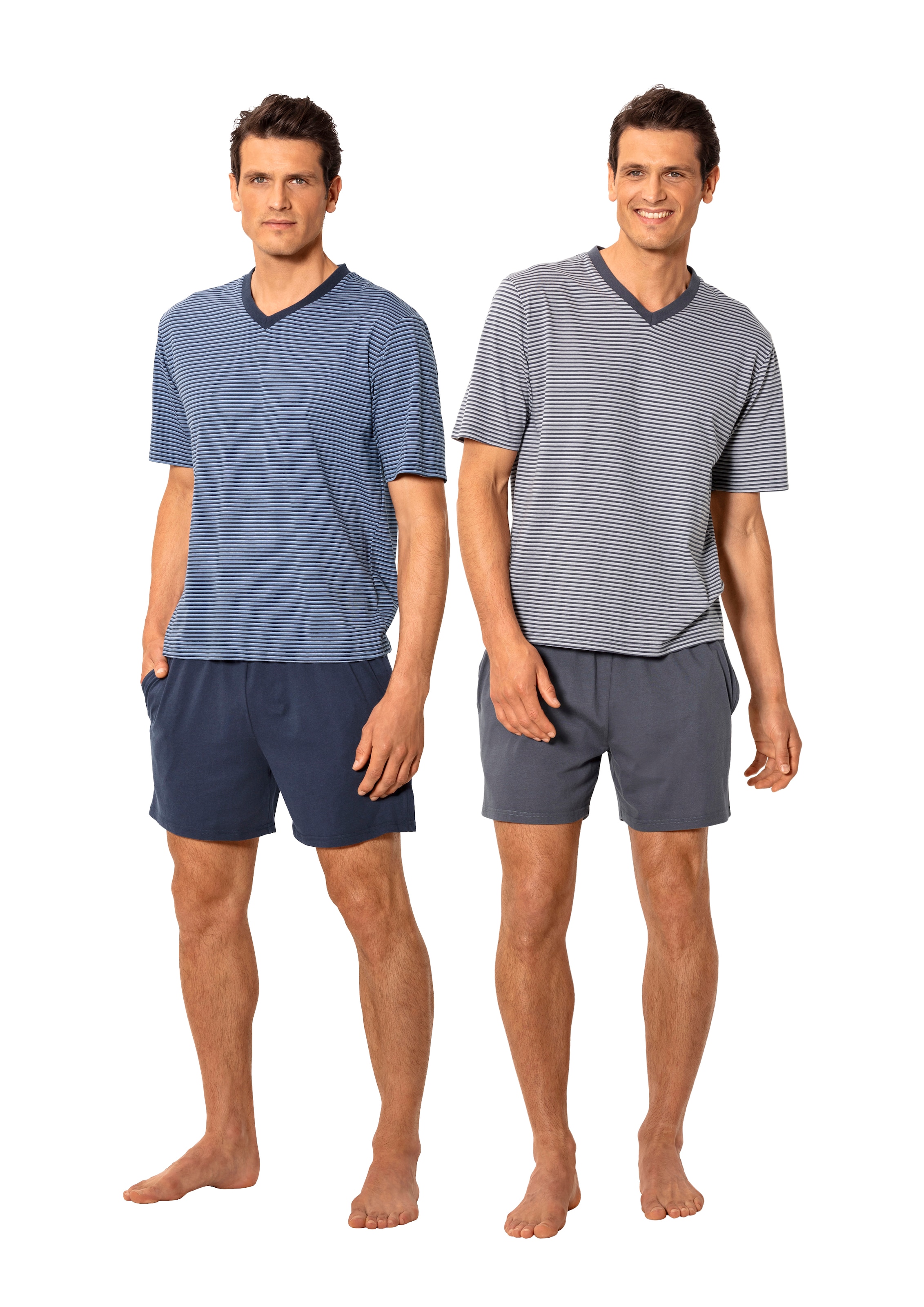 le jogger® Pyjama, (Packung, 4 tlg., 2 Stück), Schlafanzug mit garngefärbtem Streifen