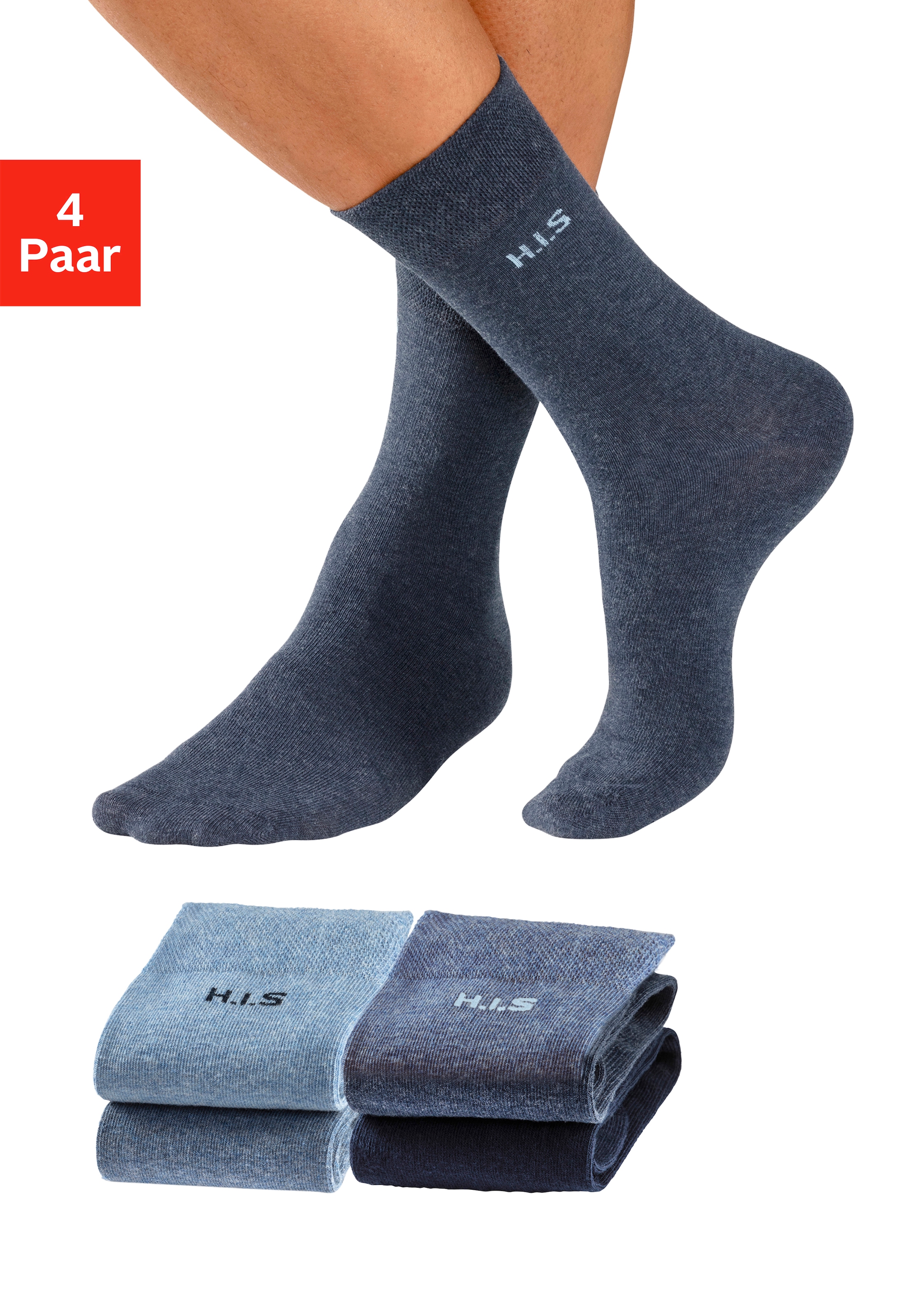 H.I.S Socken, (Packung, 4 Paar), mit druckfreiem Bündchen