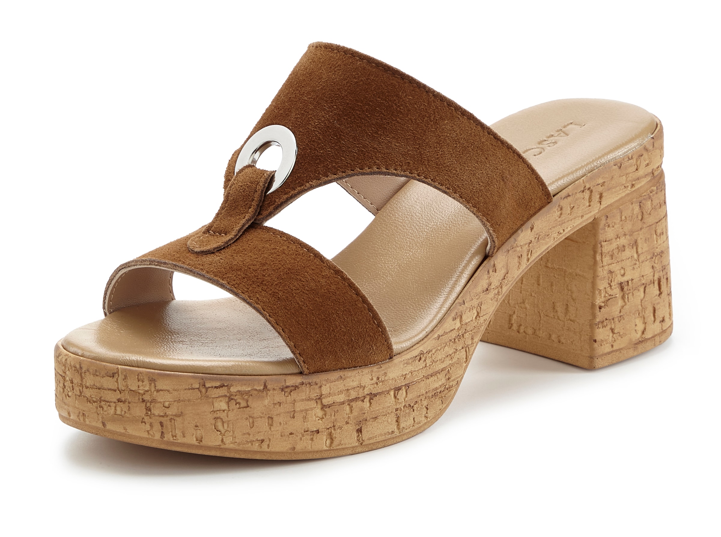 LASCANA Pantolette »Sandale, Mule, offener Schuh, Sommerschuh,«  aus Leder mit Blockabsatz in Kork-Optik