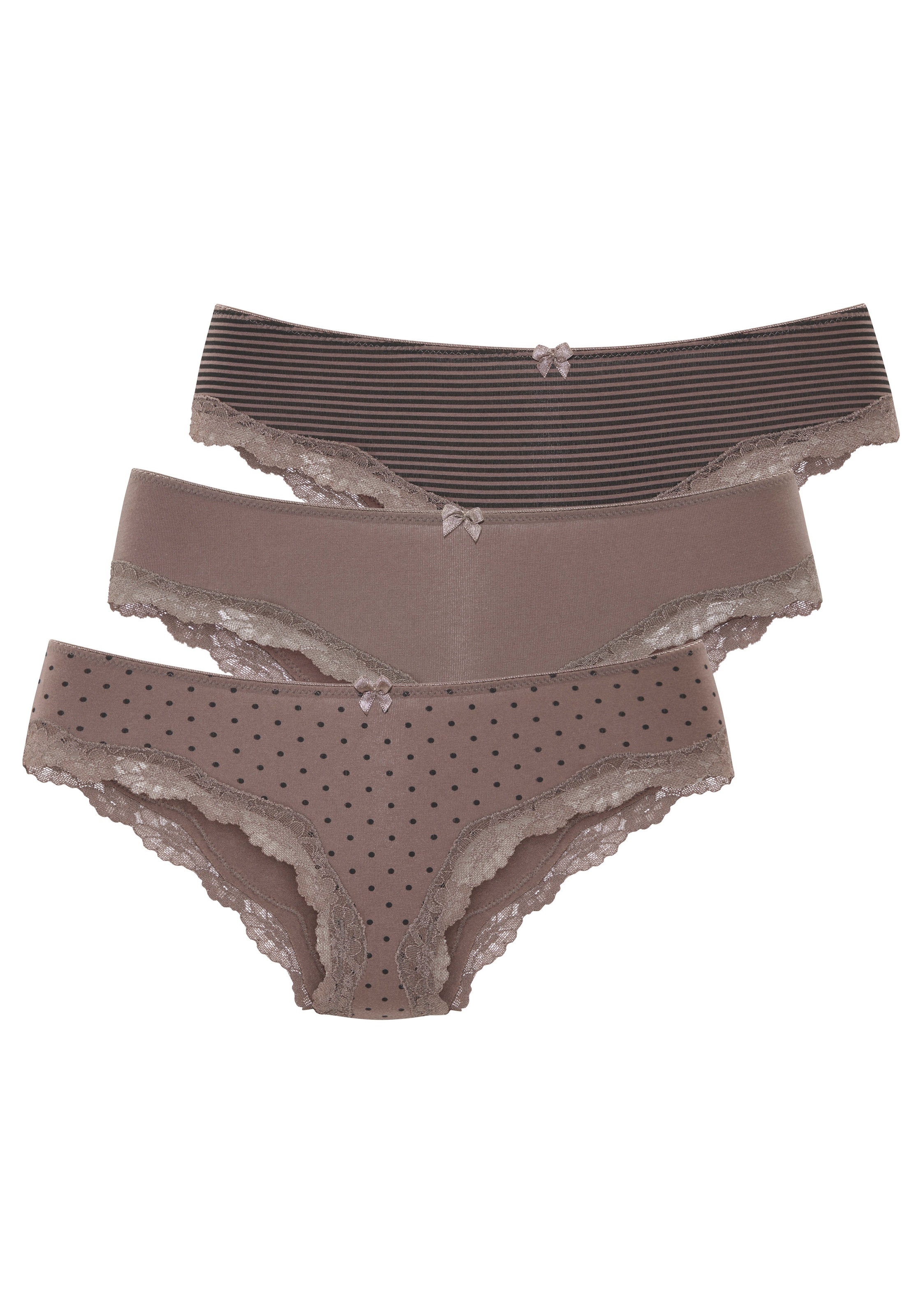 LASCANA Slip 3er-Pack,  aus elastischer Baumwolle mit zarter Spitze