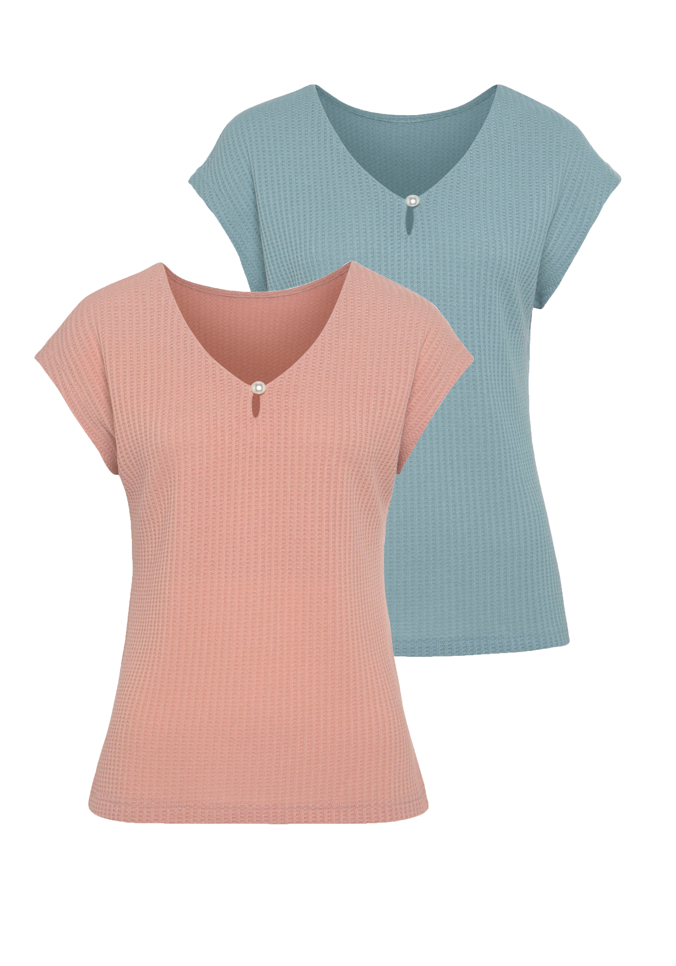 LASCANA Kurzarmshirt »mit Zierperle«, (2er-Pack), aus weicher Piqué-Qualität