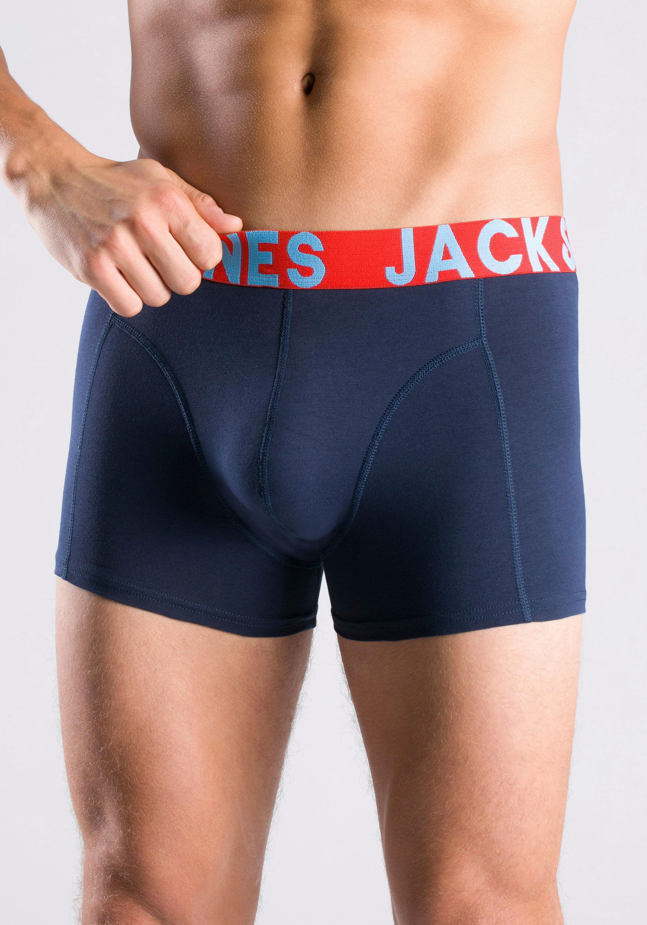 Jack & Jones Boxer »JACCRAZY im Dreierpack mit kontrastfarbenem Bund und Stretchkomfort«, 3 Stk. unifarben mit Farbeinsatz, modisch, eng anliegend, Baumwollmischung