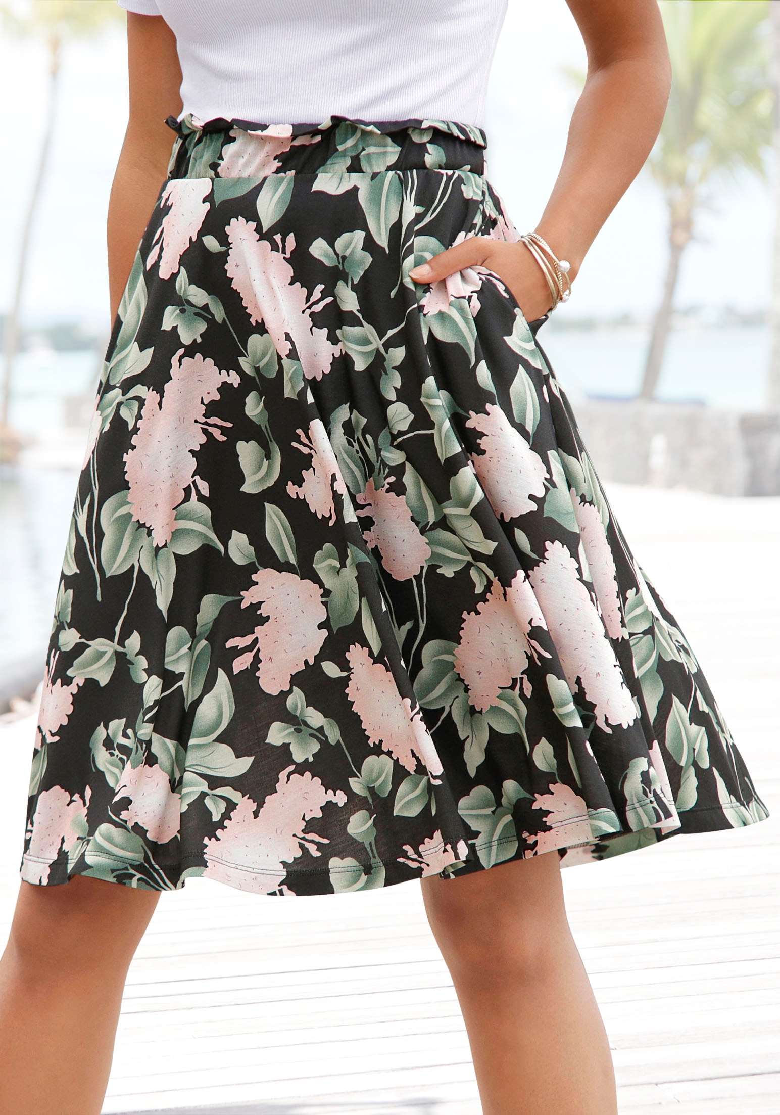 Buffalo Sommerrock mit Paperbag-Bund im Blumenprint, Midirock, mittellang