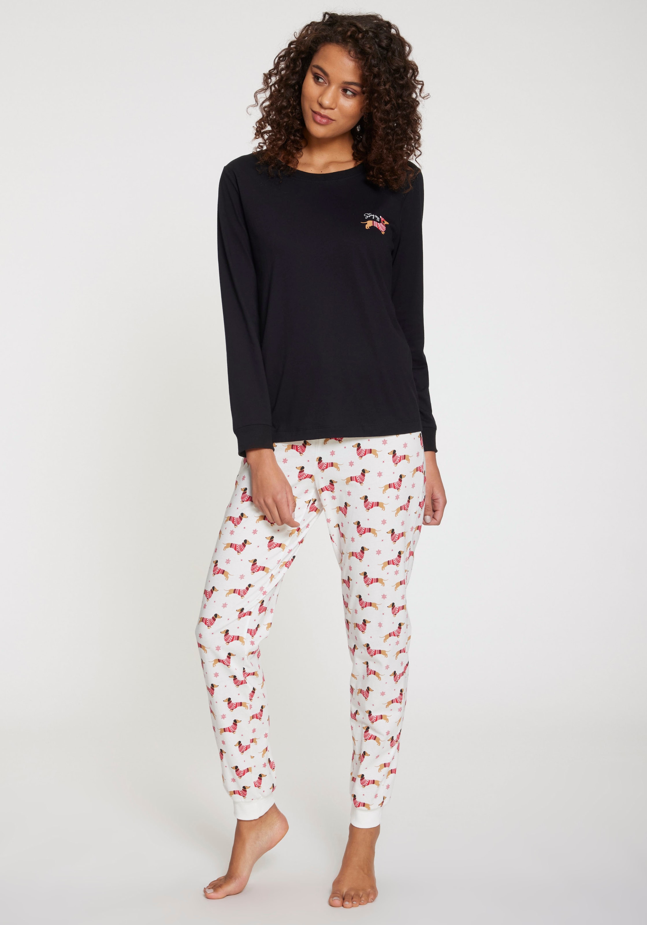 LASCANA Pyjama, (Set, 2 tlg.), mit süßem Dackel-Motiv